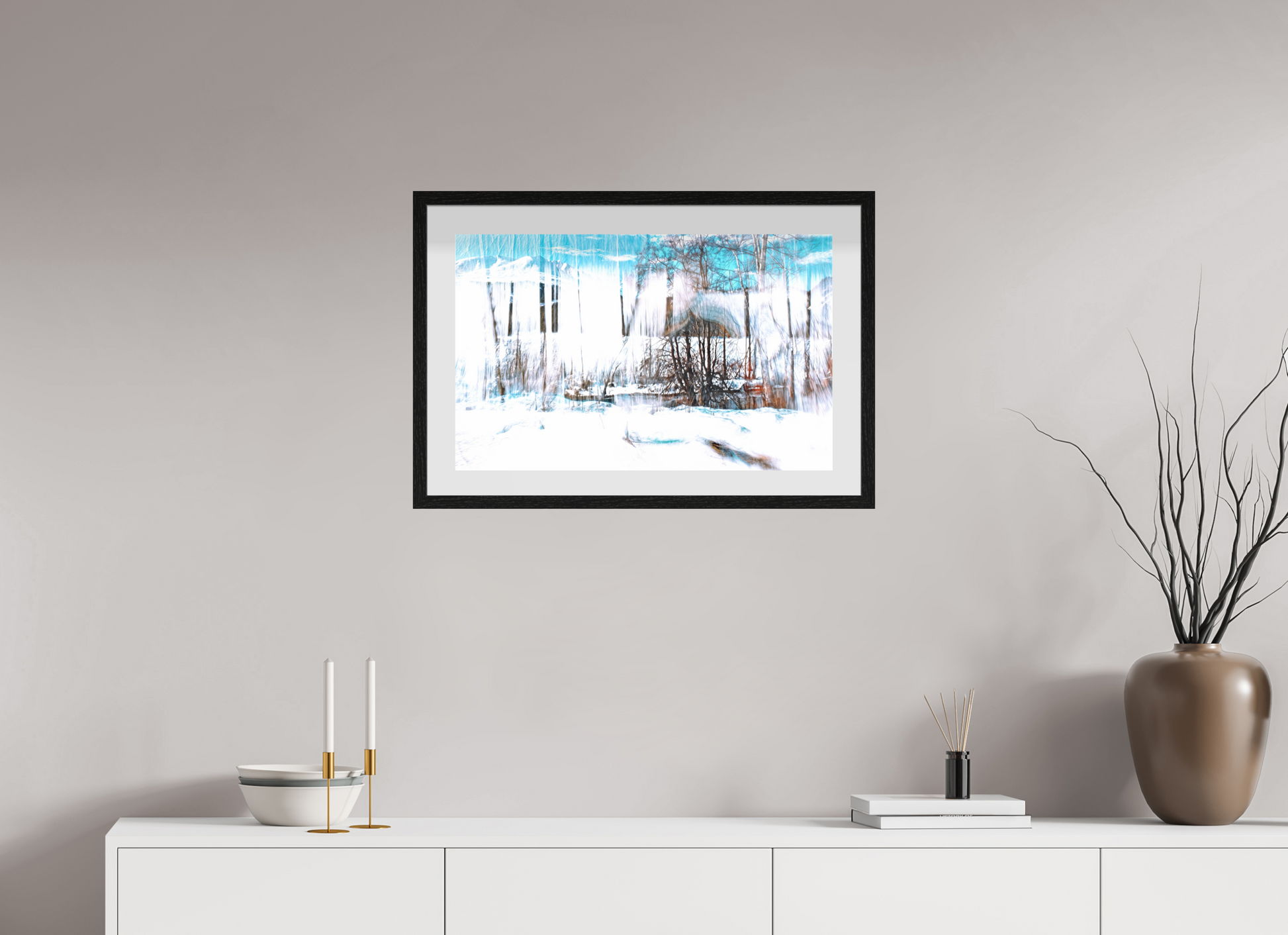 64 x 40 cm, 10 Black Floating Frame LA The Forest Singing Snow