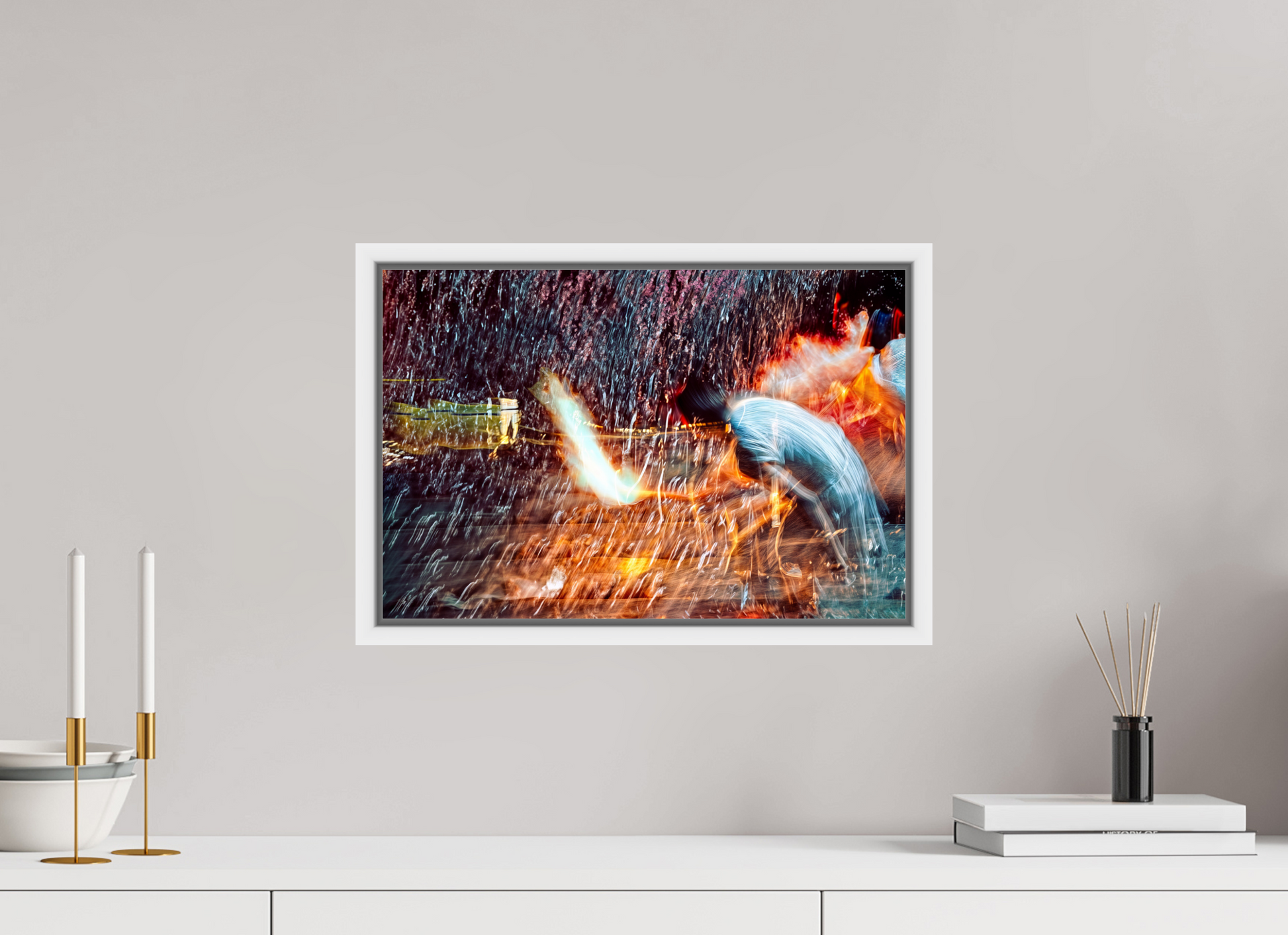 45 x 30 cm, 9 Caisse américaine Blanche Rituel où le feu apprend le rythme