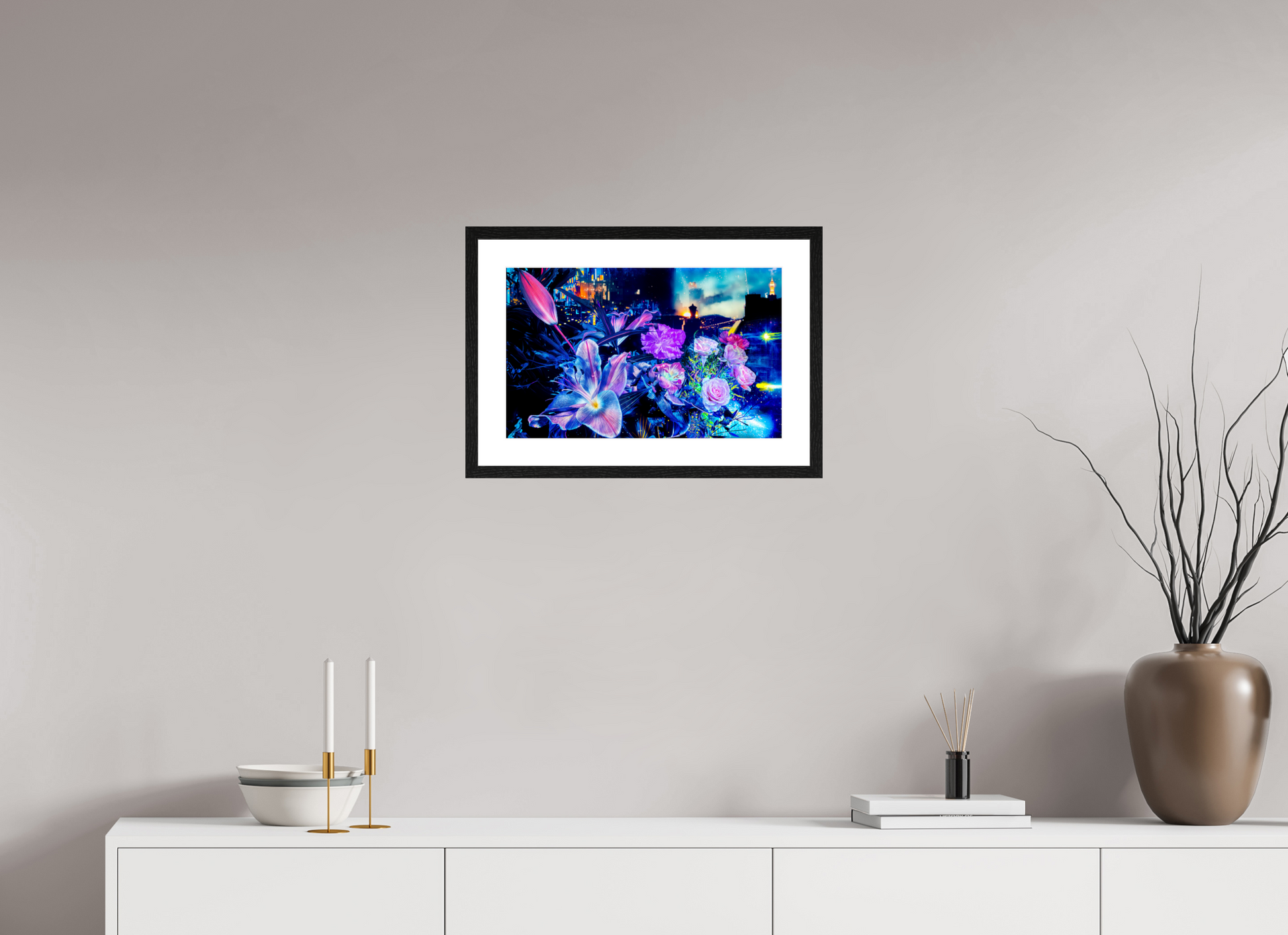 47.9 x 30 cm, 4 Black Frame: White Mat Petals watching over the metropolitan city