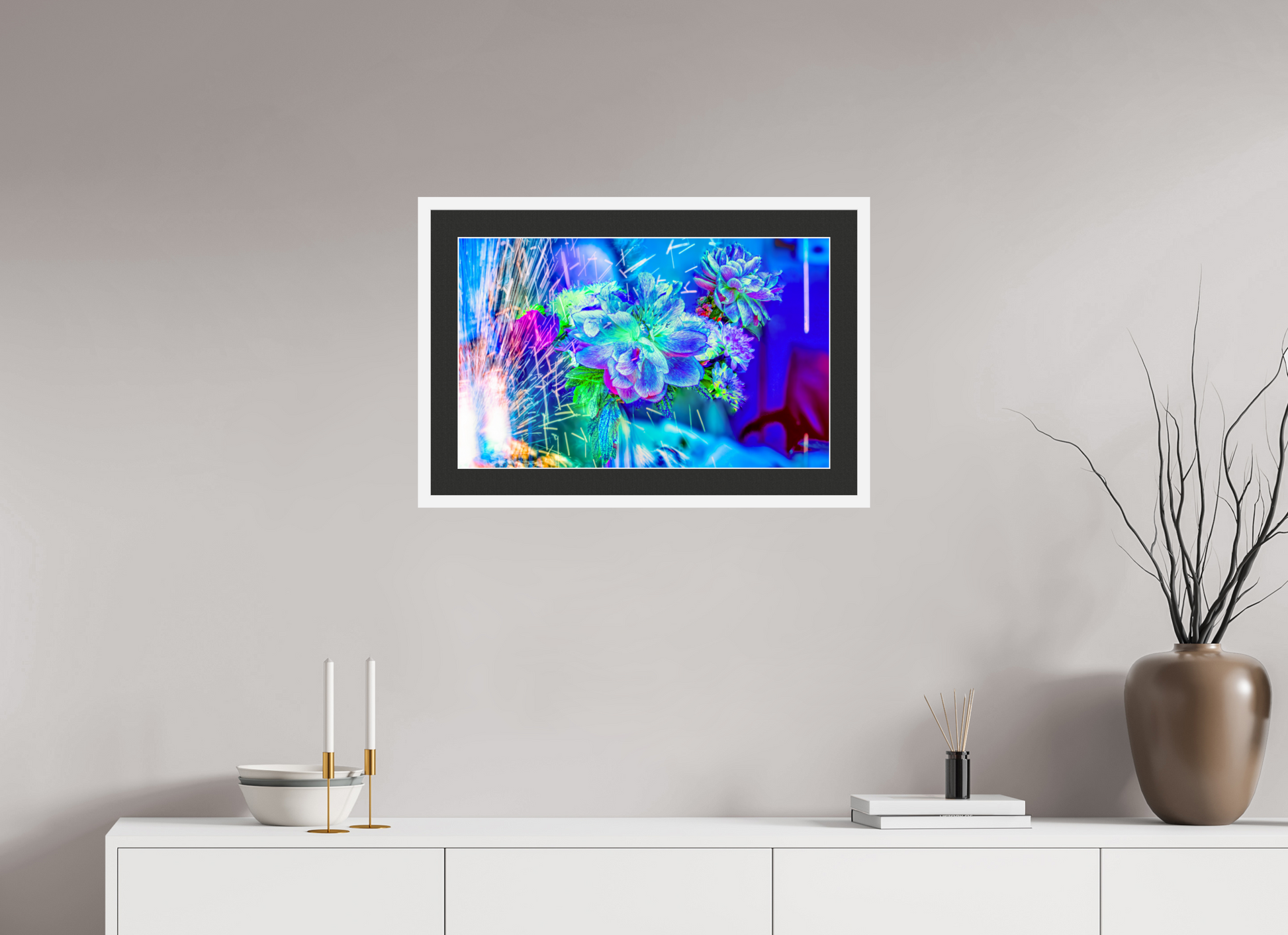 64 x 40 cm, 7 Cadre Blanc : Passe-Partout Noir lisière Blanche Quand la lumière se brise en fleurs