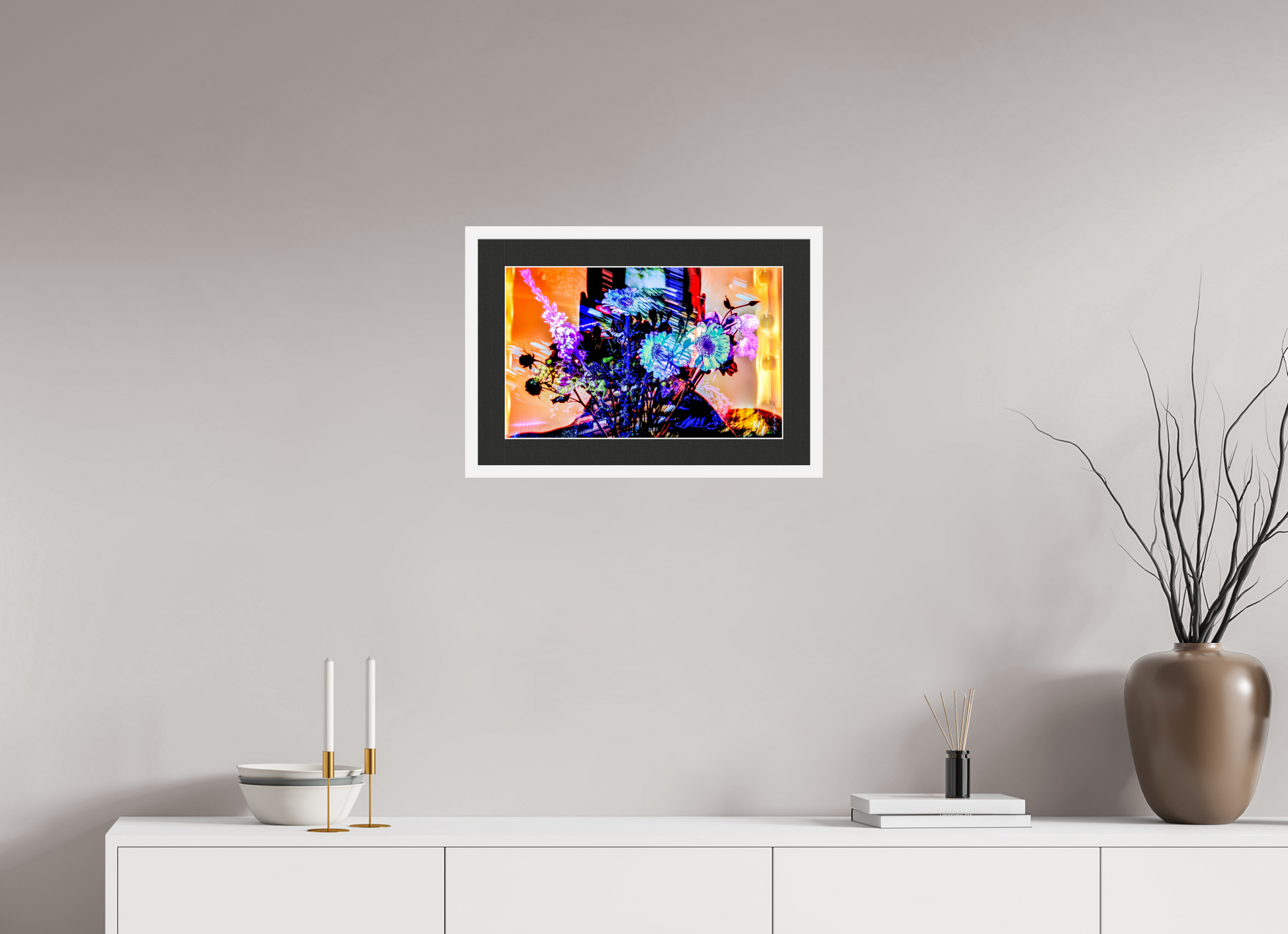 48 x 30 cm, 7 White Frame: Black Mat with White Border In your light, in our color