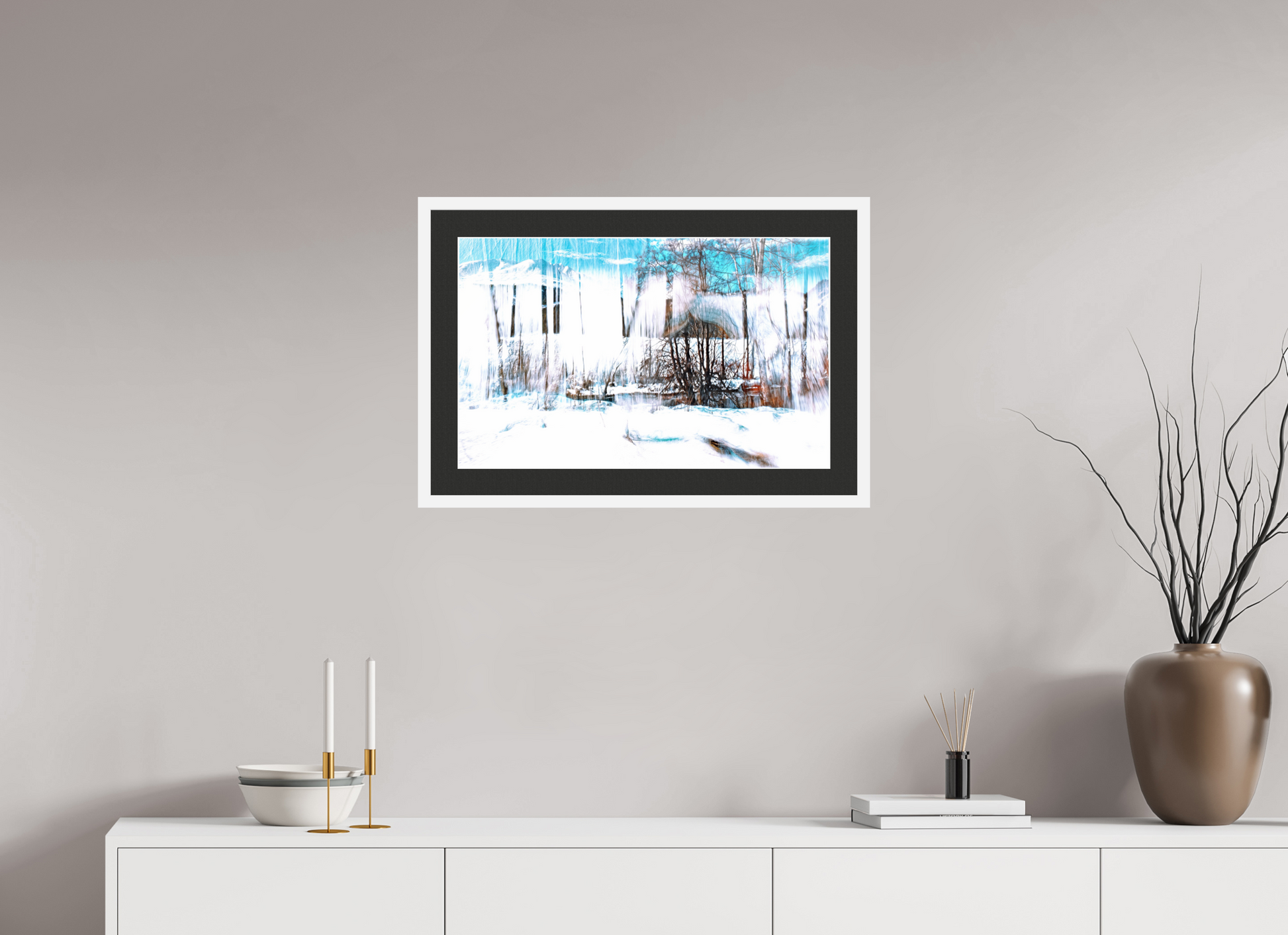 64 x 40 cm, 7 White Frame: Black Mat with White Border LA Forest Singing Snow