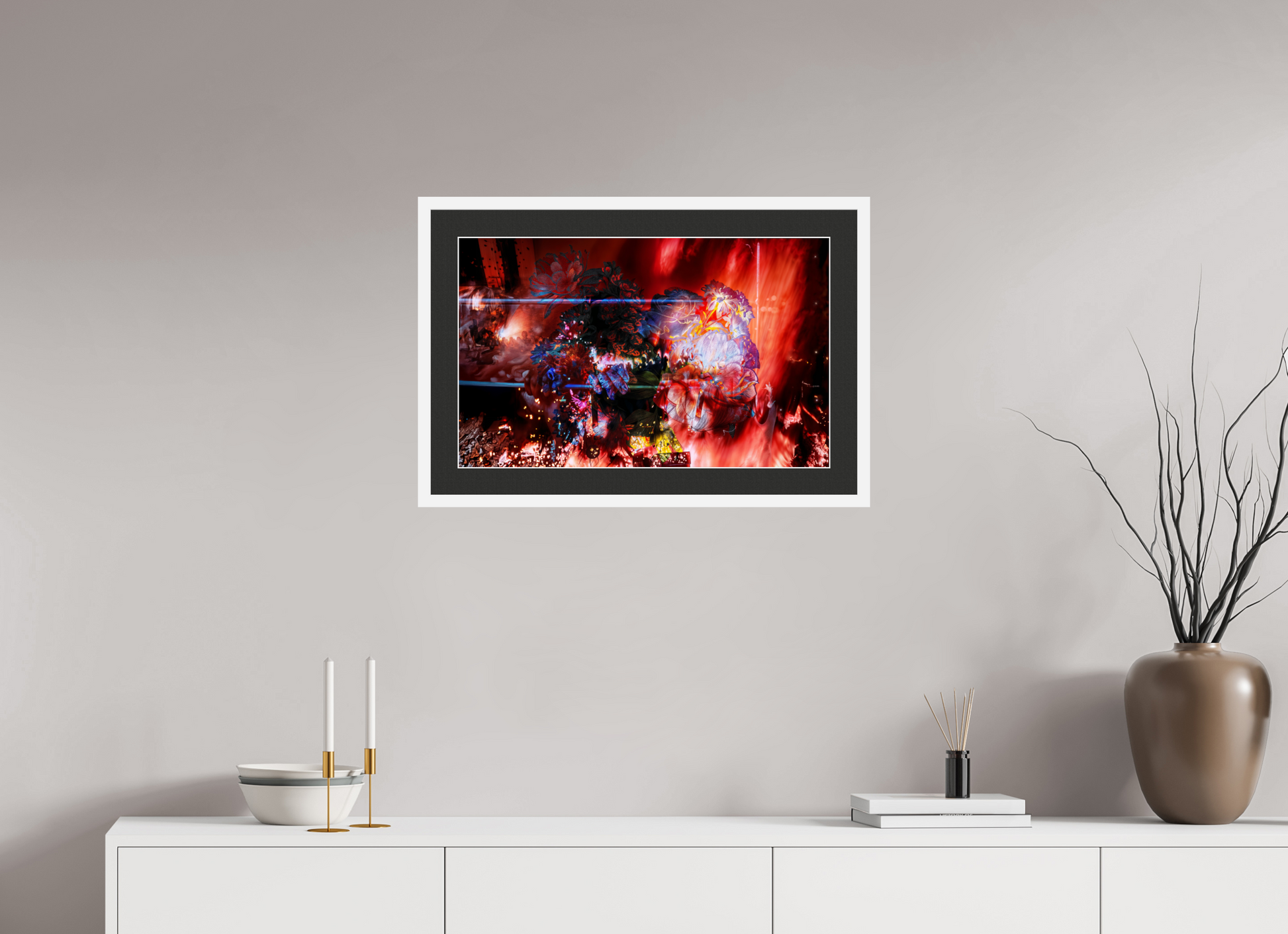 64 x 40 cm, 7 Cadre Blanc : Passe-Partout Noir lisière Blanche L’étreinte des pétales ardents