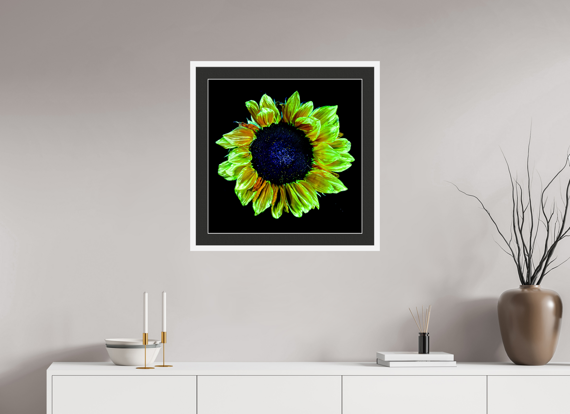 60 x 60 cm, 7 White Frame: Black Mat with White Border Crown of Light