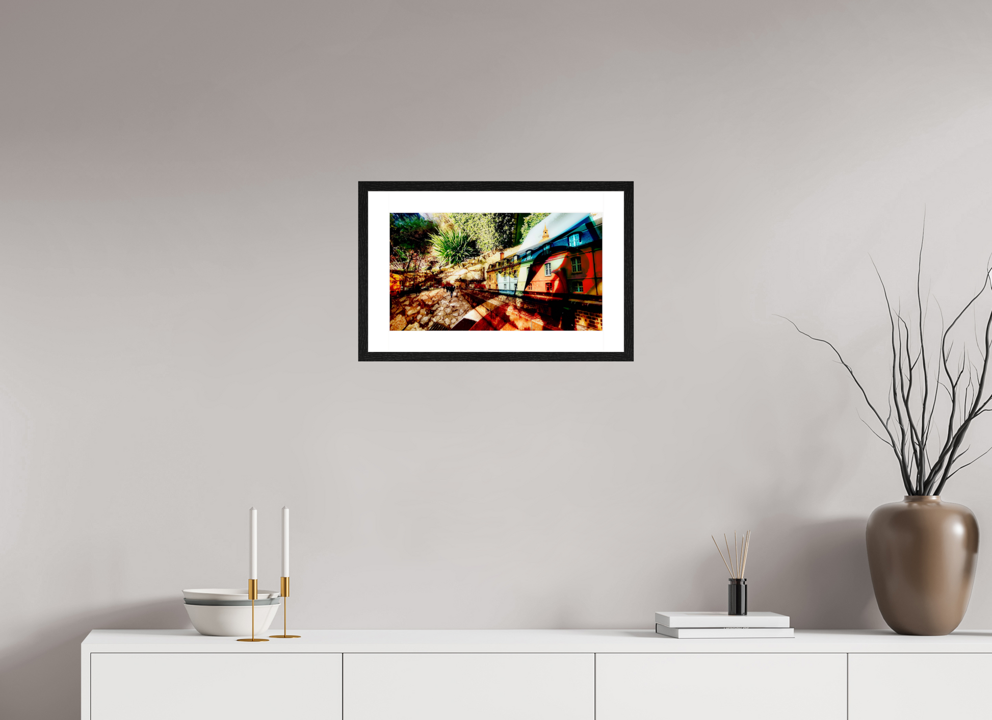 48 x 27 cm, 4 Black Frame: White Mat Houses beneath the bark of the world