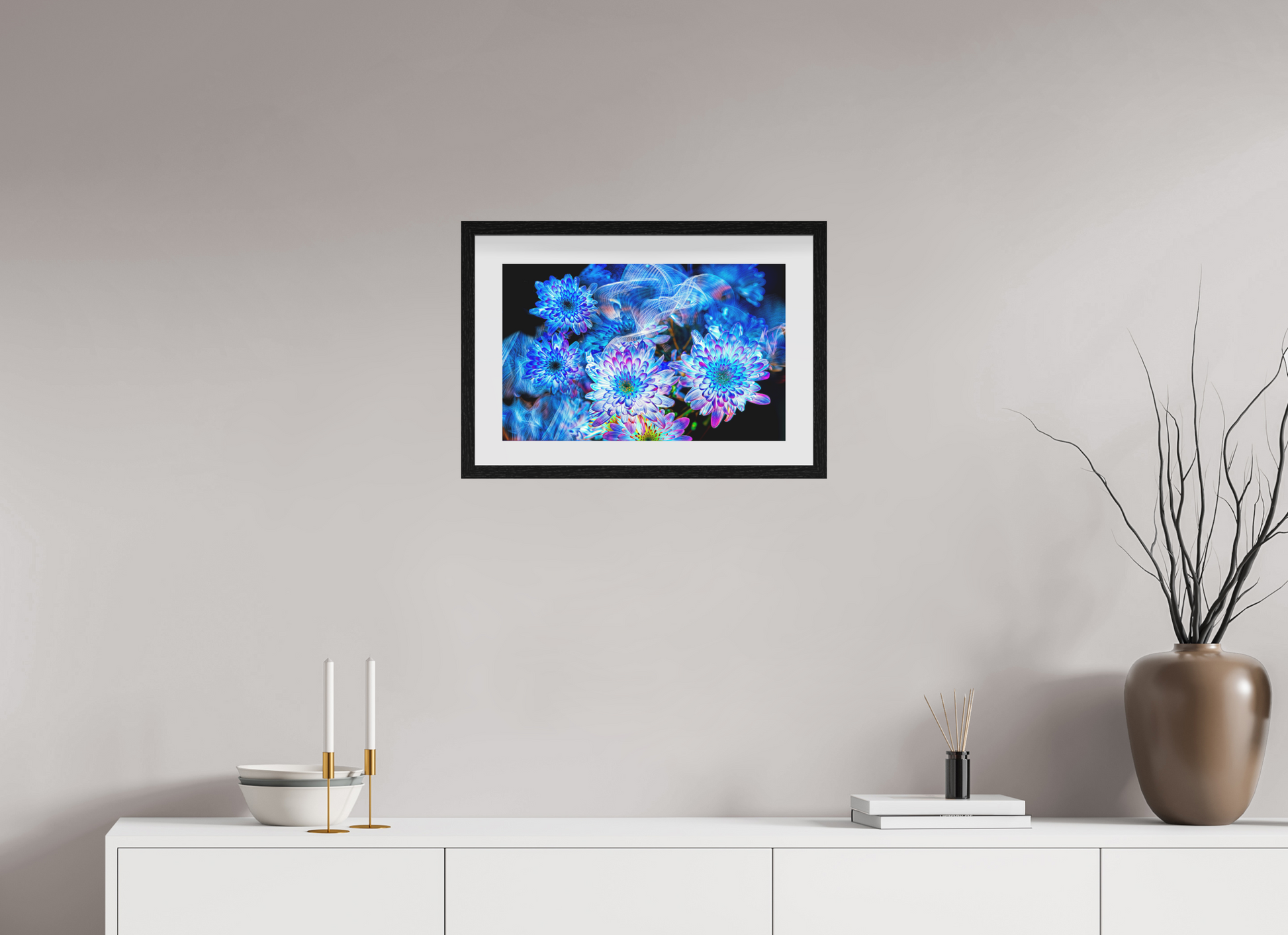 48 x 30 cm, 10 Black Floating Frame Blooms in the Celestial Current