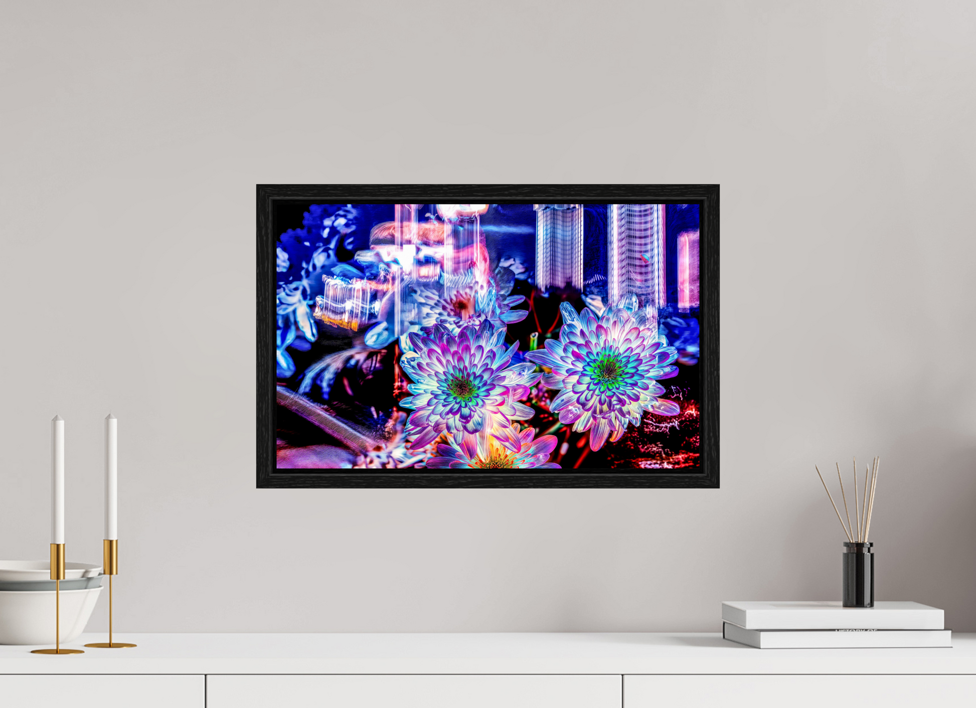 48 x 30 cm, 8 Caisse américaine Noire Murmure floral suspendu entre deux éclairs