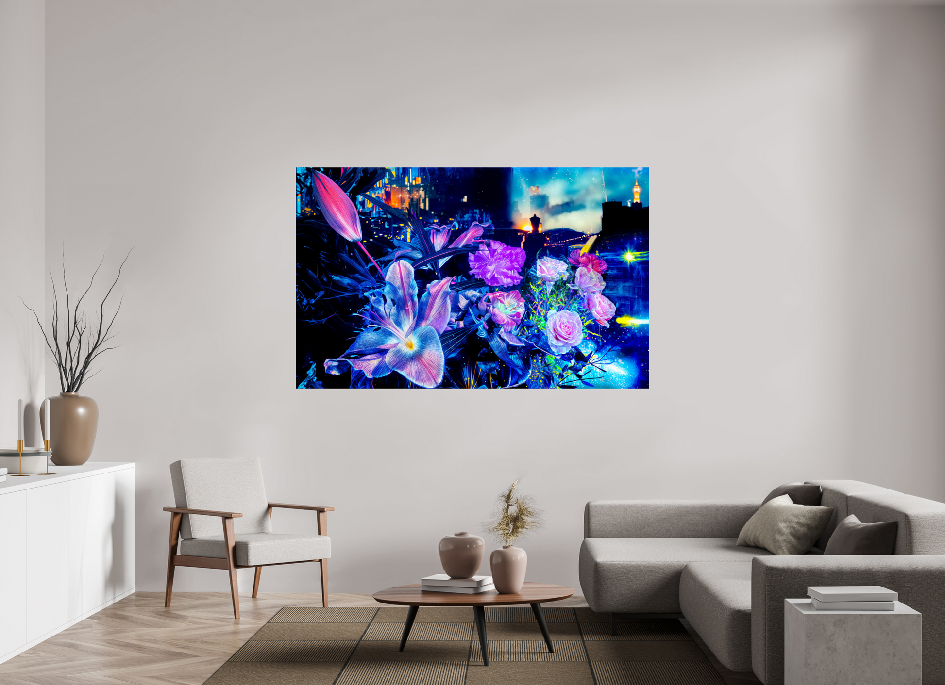 191.5 x 120 cm, 2 Photo print mounted on Dibond The petals watching over the metropolitan city