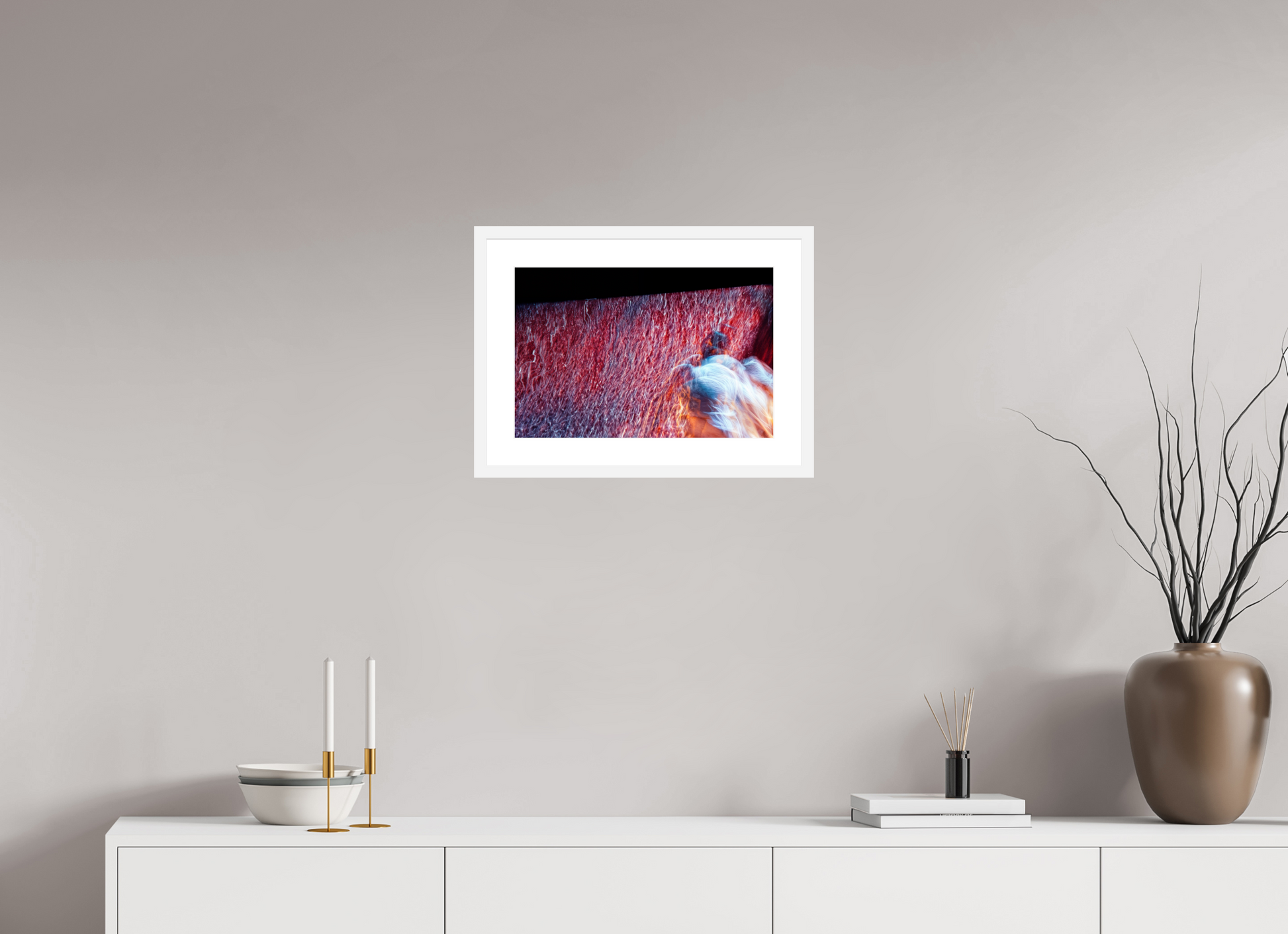 45 x 30 cm, 6 White Frame: White Mat Where fire turns into rain
