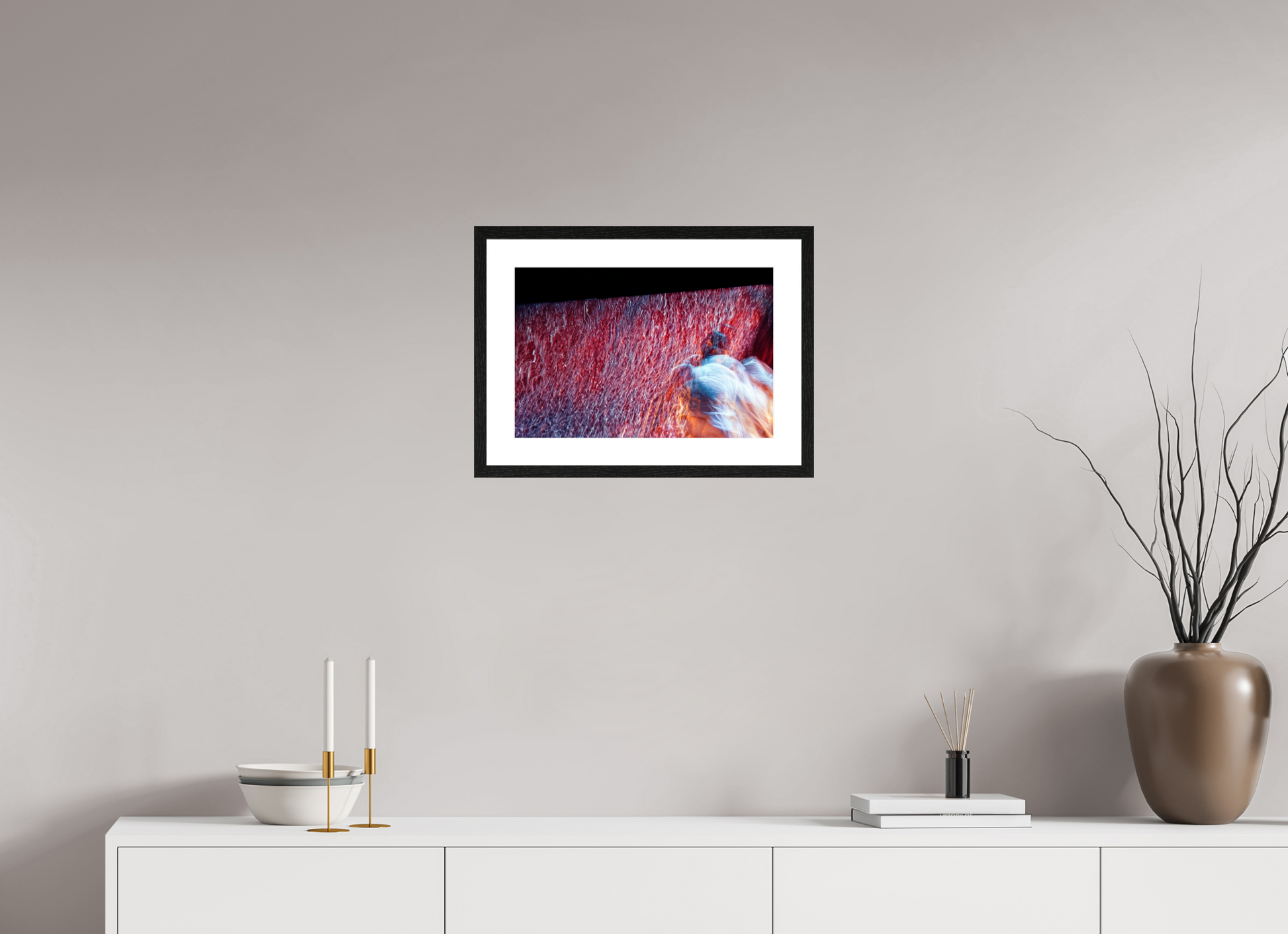 45 x 30 cm, 4 Black Frame: White Mat Where fire turns into rain