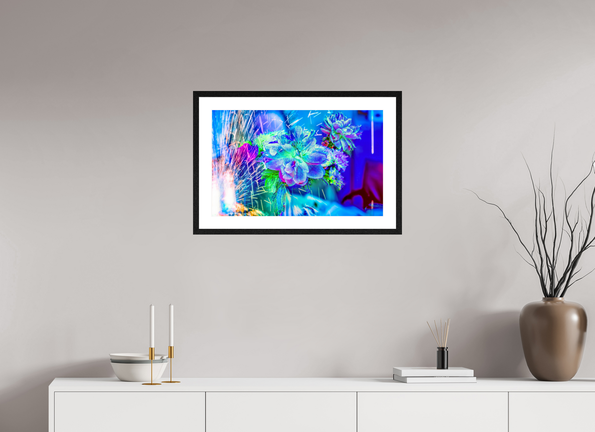 64 x 40 cm, 4 Cadre Noir : Passe-Partout Blanc Quand la lumière se brise en fleurs