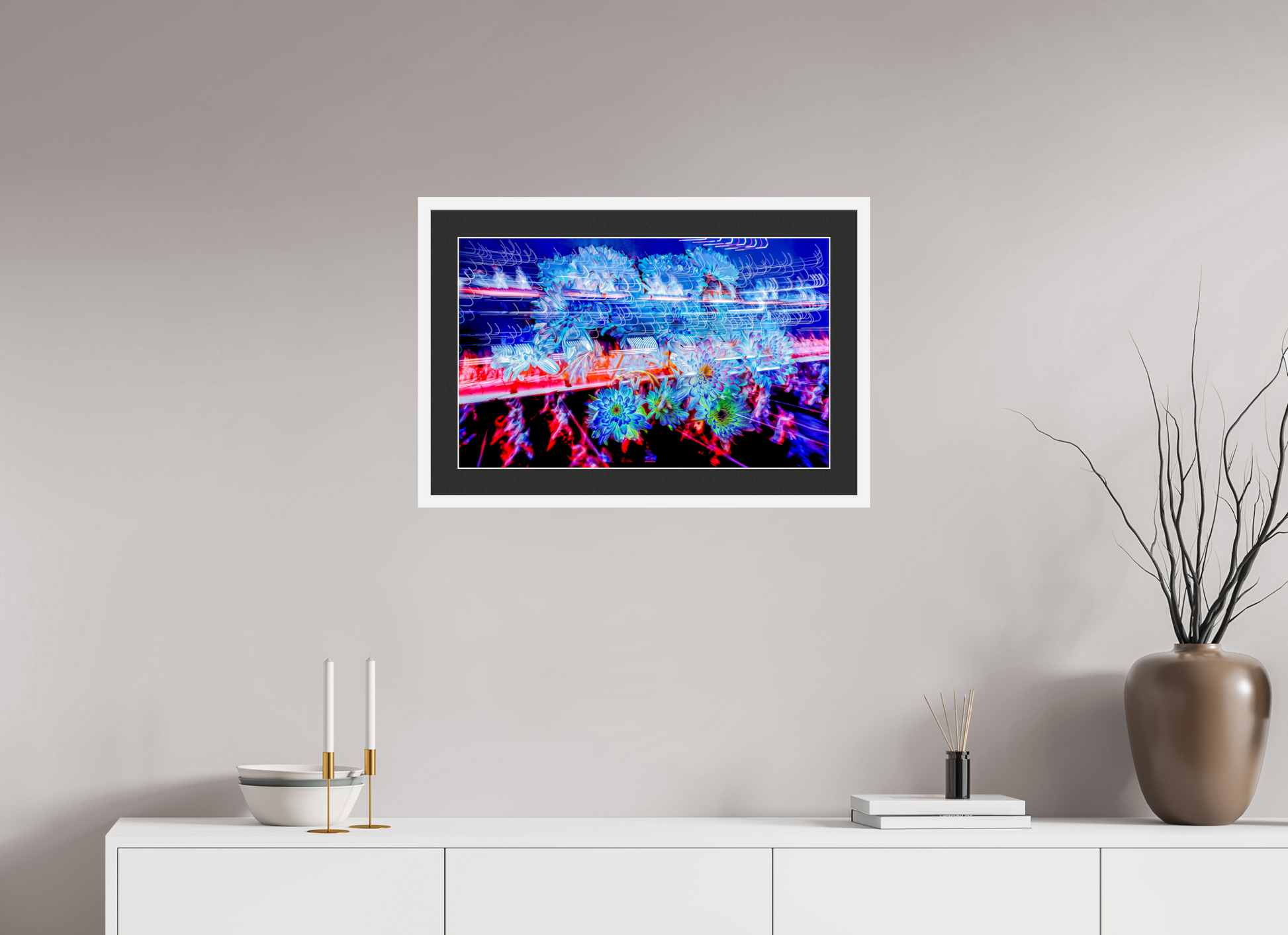 64 x 40 cm, 7 White Frame: Black Mat with White Border Blooms in the currents of soft matter