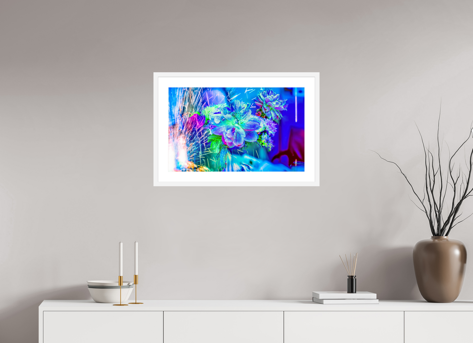 64 x 40 cm, 6 Cadre Blanc : Passe-Partout Blanc Quand la lumière se brise en fleurs