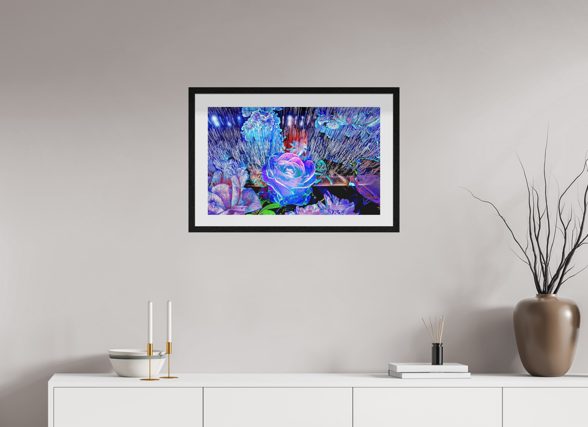 64 x 40 cm, 10 Floating Black Frame When light remembers flowers