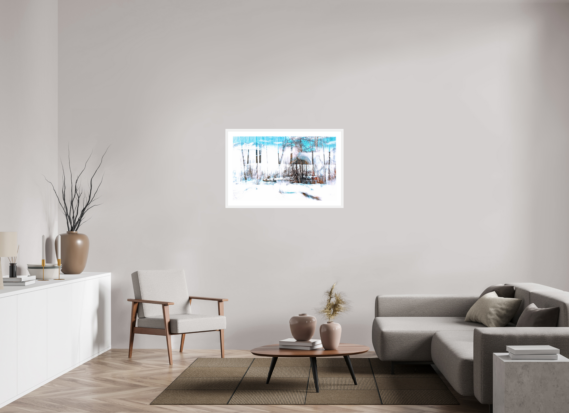 96 x 60 cm, 6 White Frame: White Mat The Forest Singing Snow