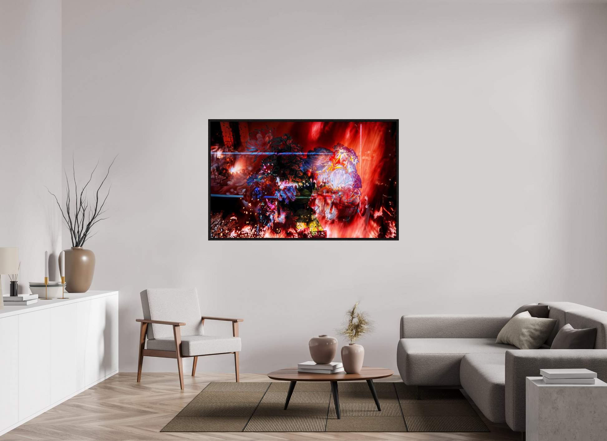 160 x 100 cm, 8 Caisse américaine Noire L’étreinte des pétales ardents