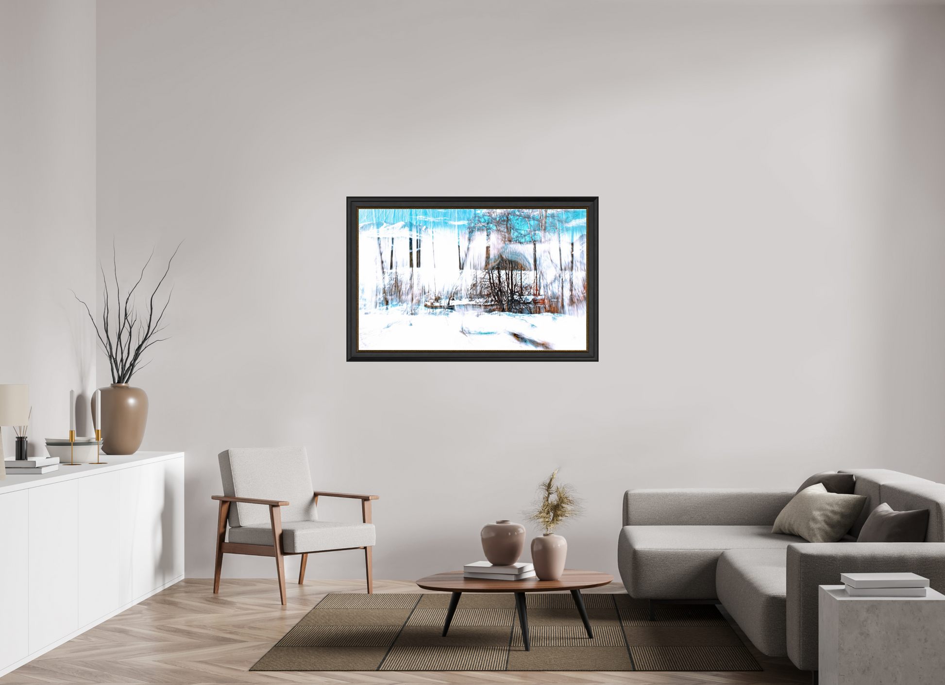 128 x 80 cm, 11 Black-Gold Frame LA The Forest Singing Snow