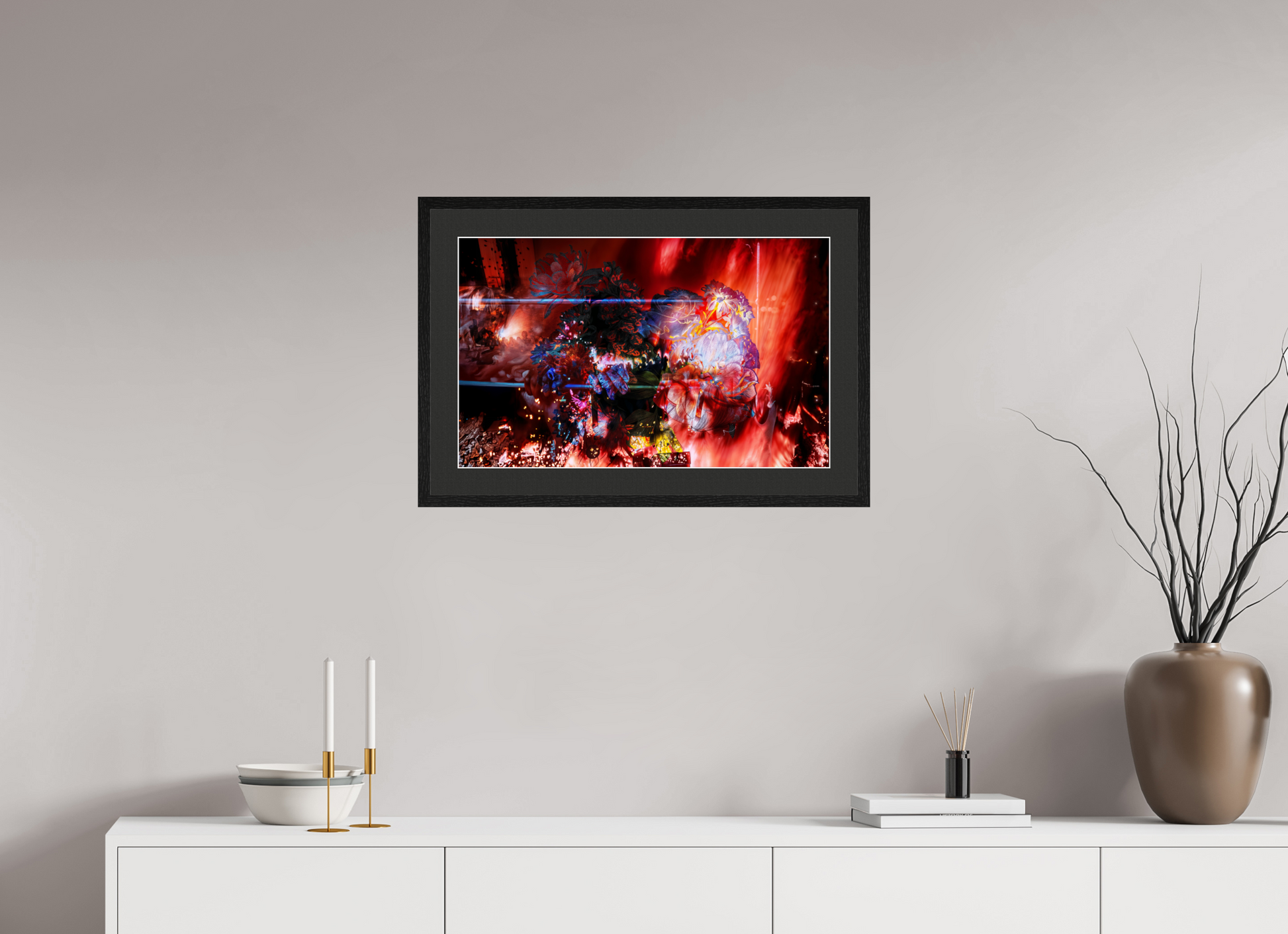 64 x 40 cm, Black Frame: Black Mat with White Border The Embrace of Burning Petals