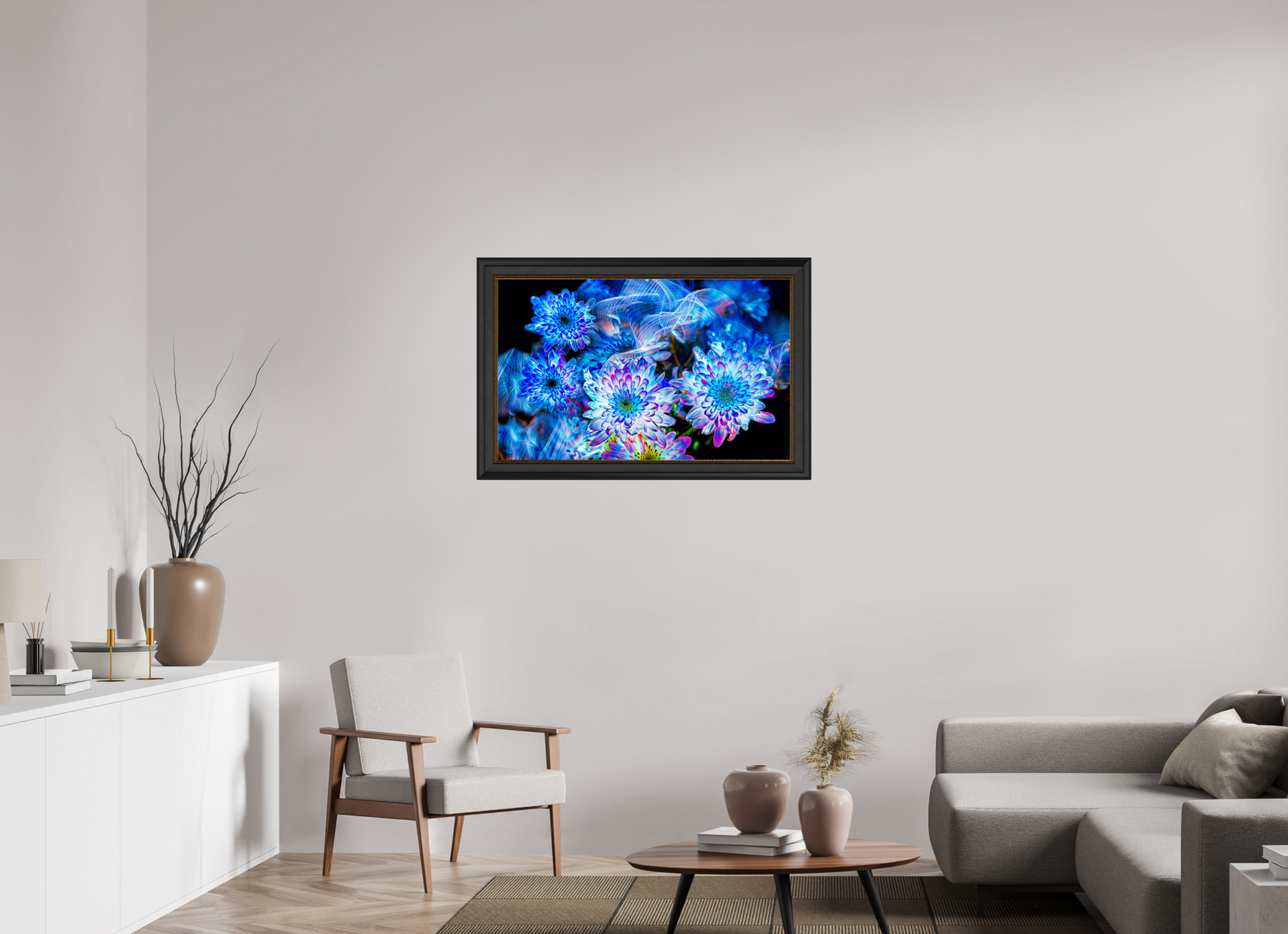 96 x 60 cm, 11 Black-Gold Frame Blooms in the Celestial Current