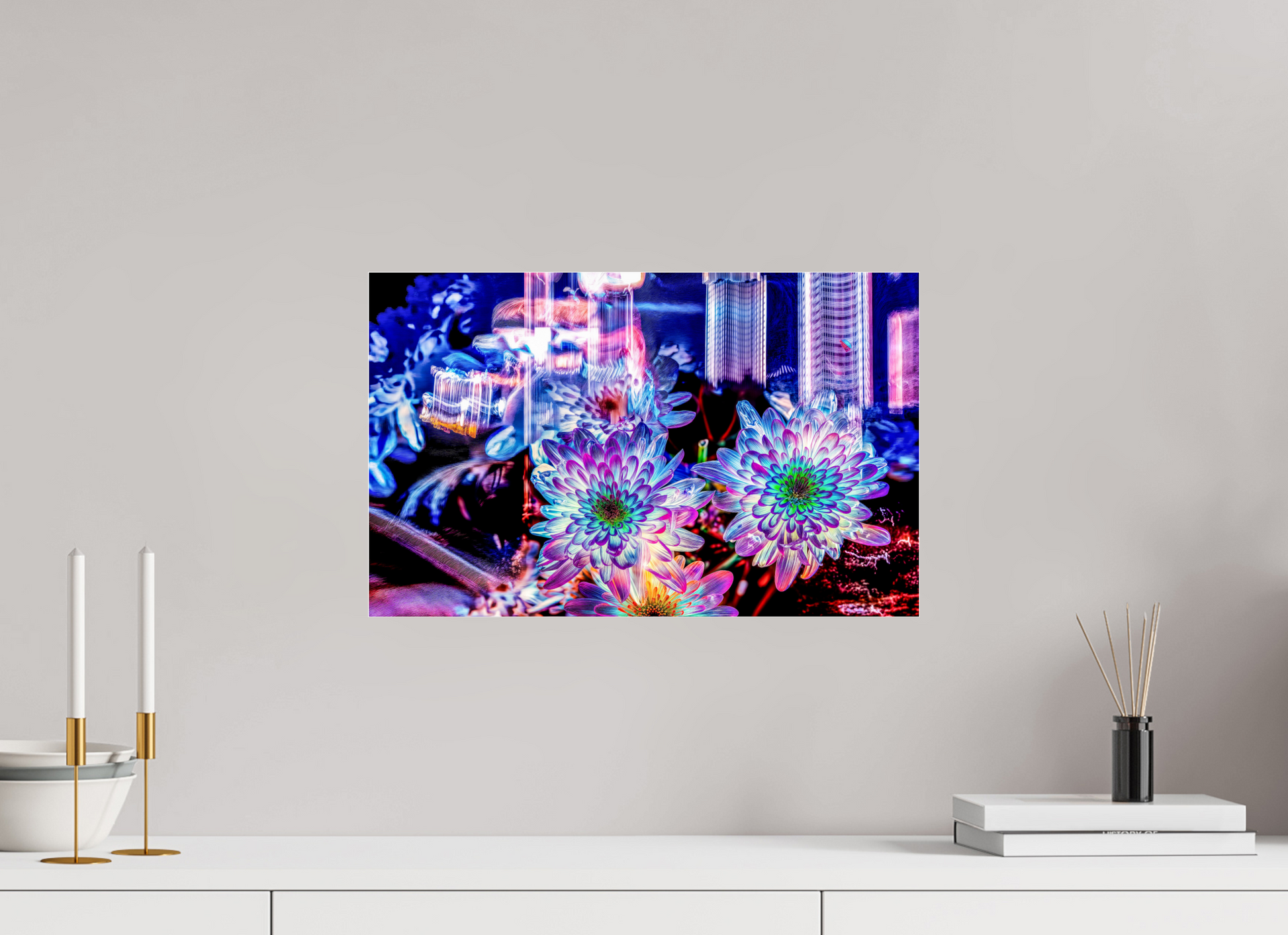 48 x 30 cm, 3 Tirage photo sous Verre acrylique Murmure floral suspendu entre deux éclairs