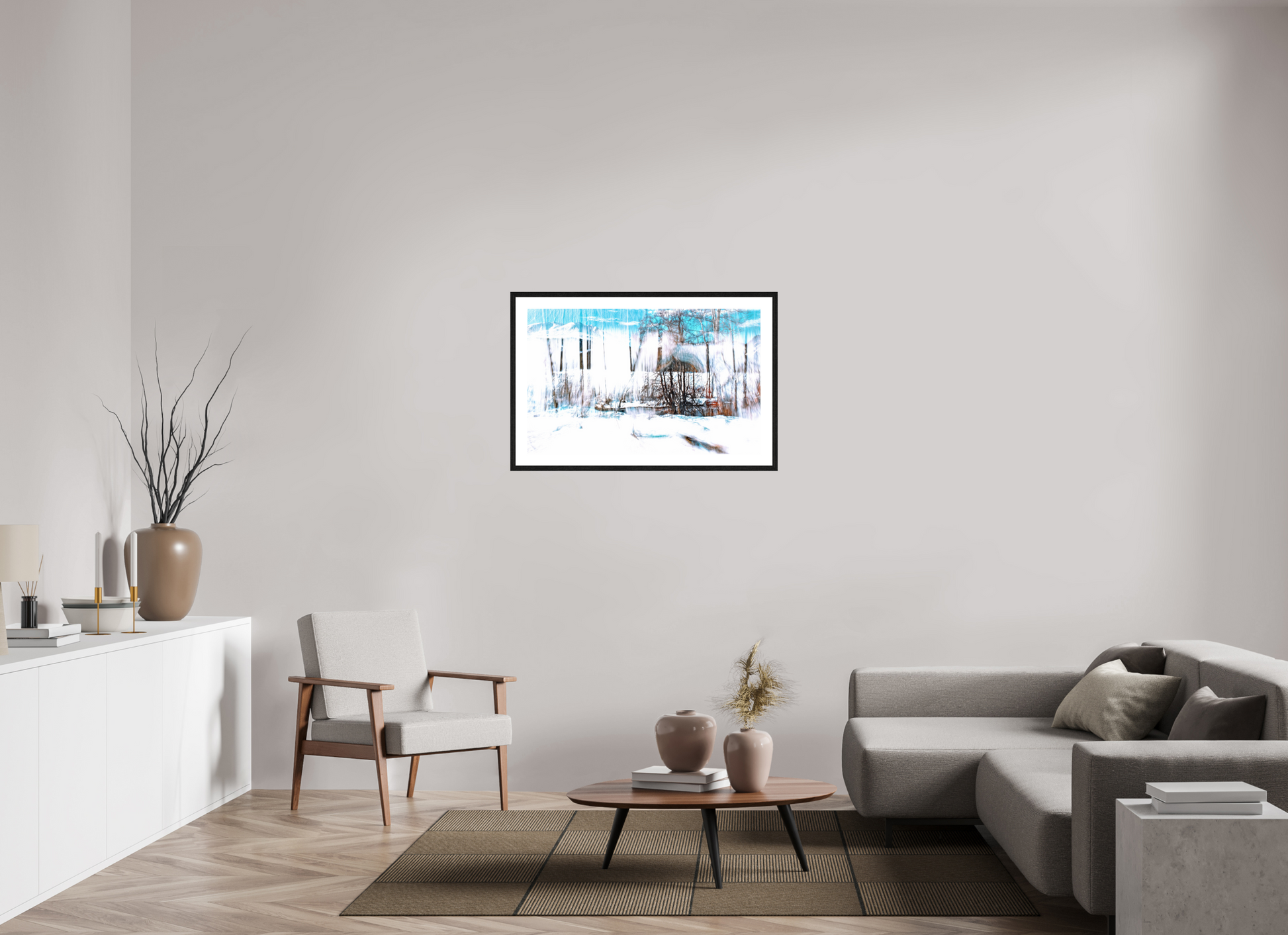 96 x 60 cm, 4 Black Frame: White Mat LA Forest Singing Snow