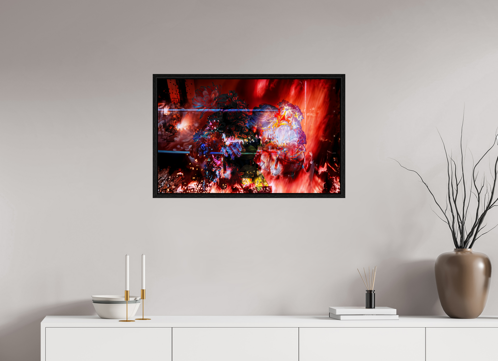 80 x 50 cm, 8 Caisse américaine Noire L’étreinte des pétales ardents