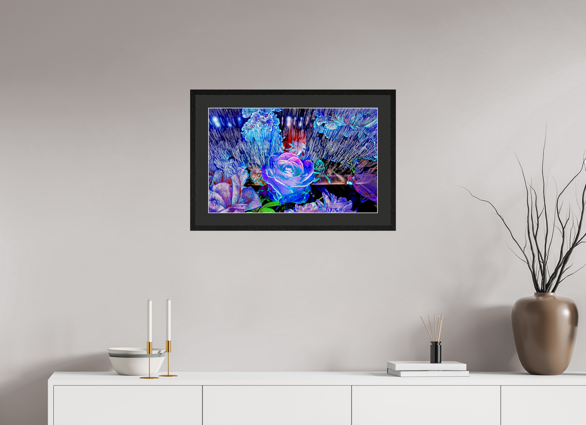 64 x 40 cm, 5 Black Frame: Black Mat with White Border When light remembers flowers