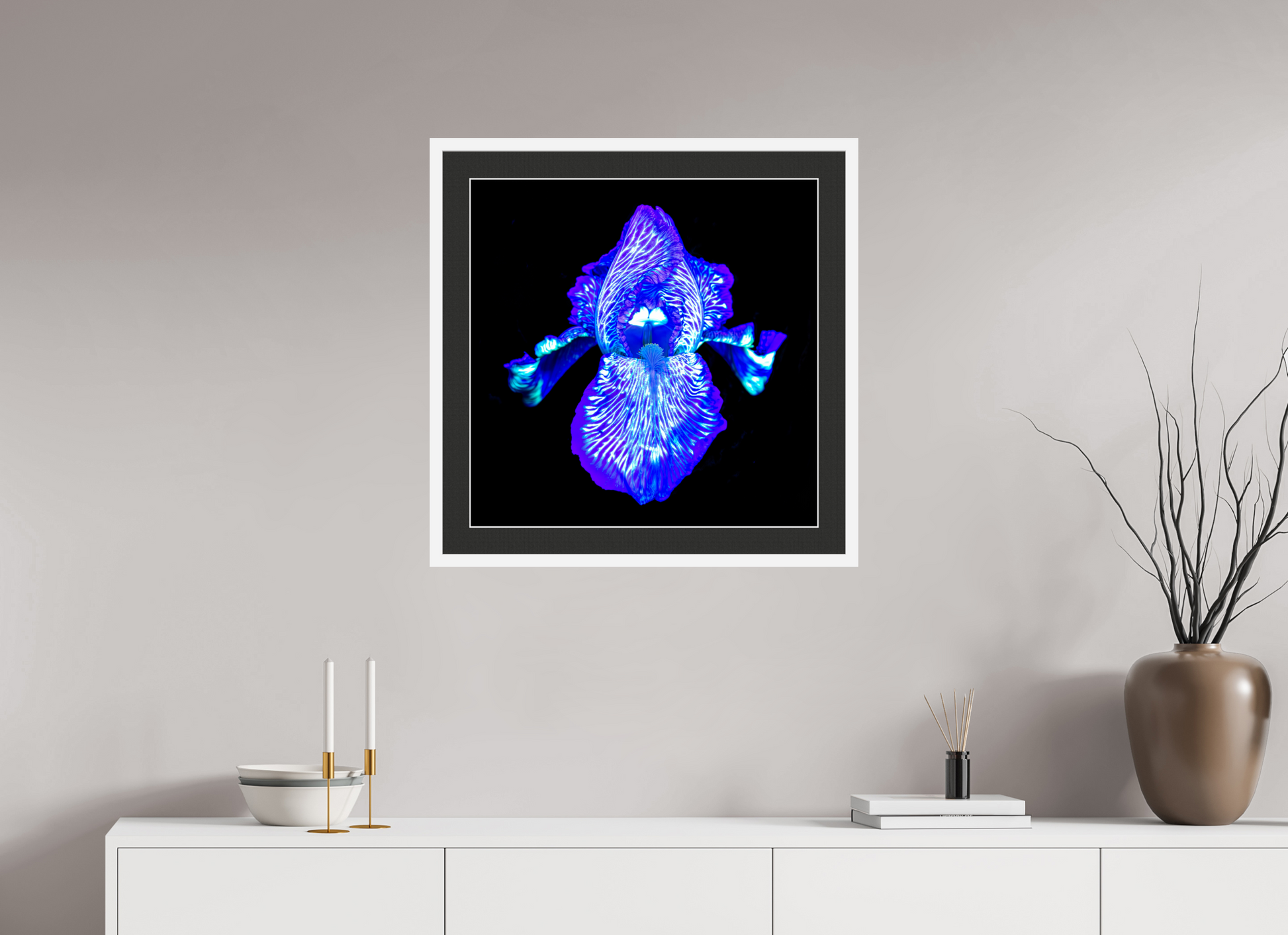 60 x 60 cm, 7 Cadre Blanc : Passe-Partout Noir lisière Blanche Iris des Profondeurs Lumineuses