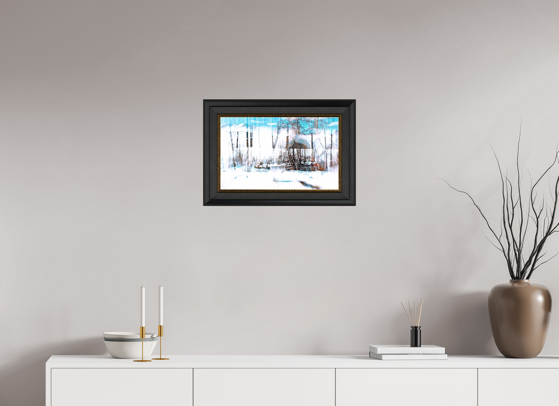 48 x 30 cm, 11 Black-Gold Frame LA The Forest Singing Snow