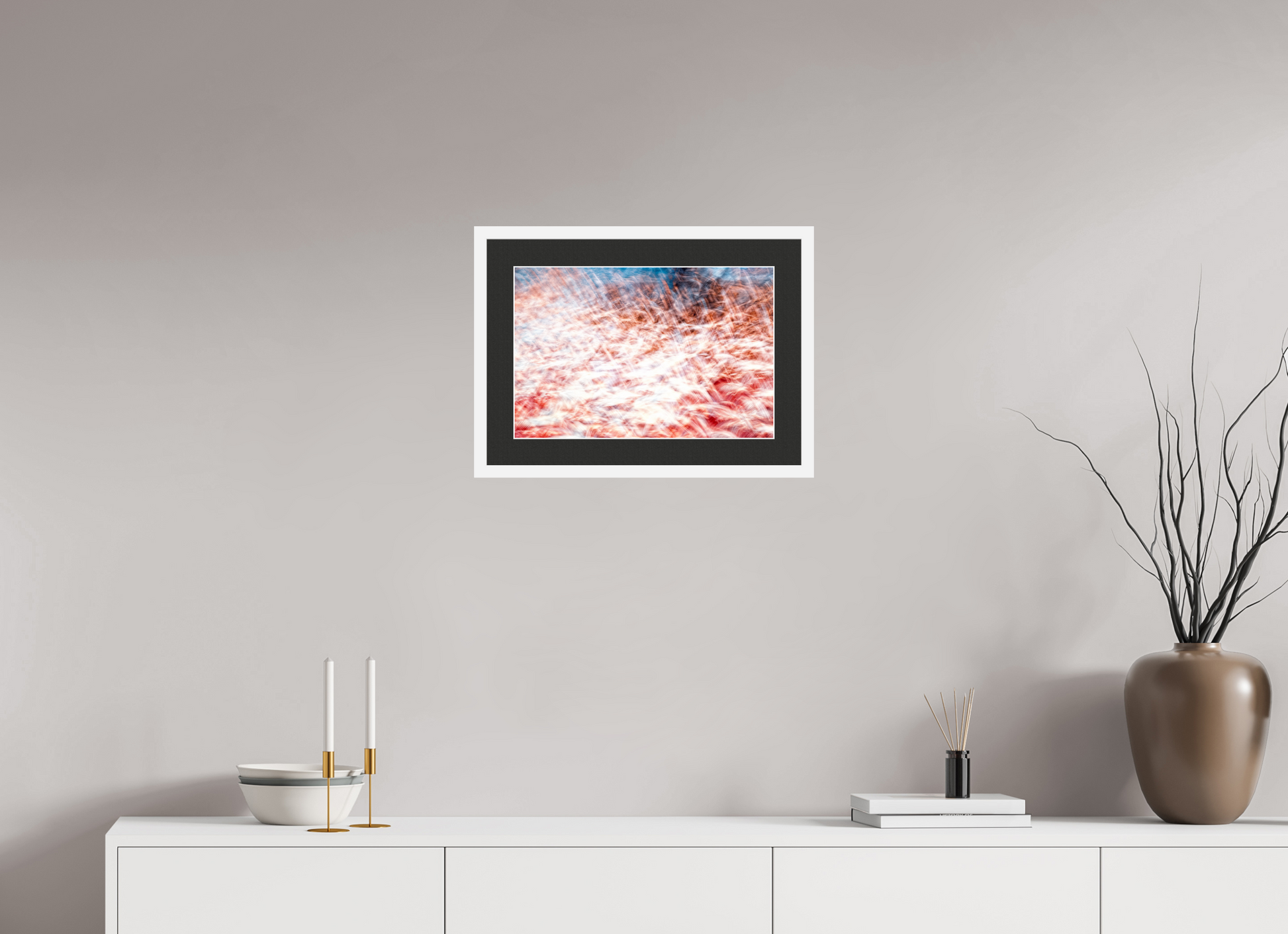45 x 30 cm, 7 White Frame: Black Mat with White Border The Sea of Red Feathers