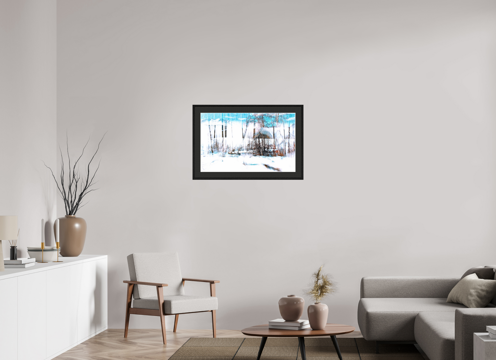 80 x 50 cm, 5 Black Frame: Black Mat with White Border LA Forest Singing Snow