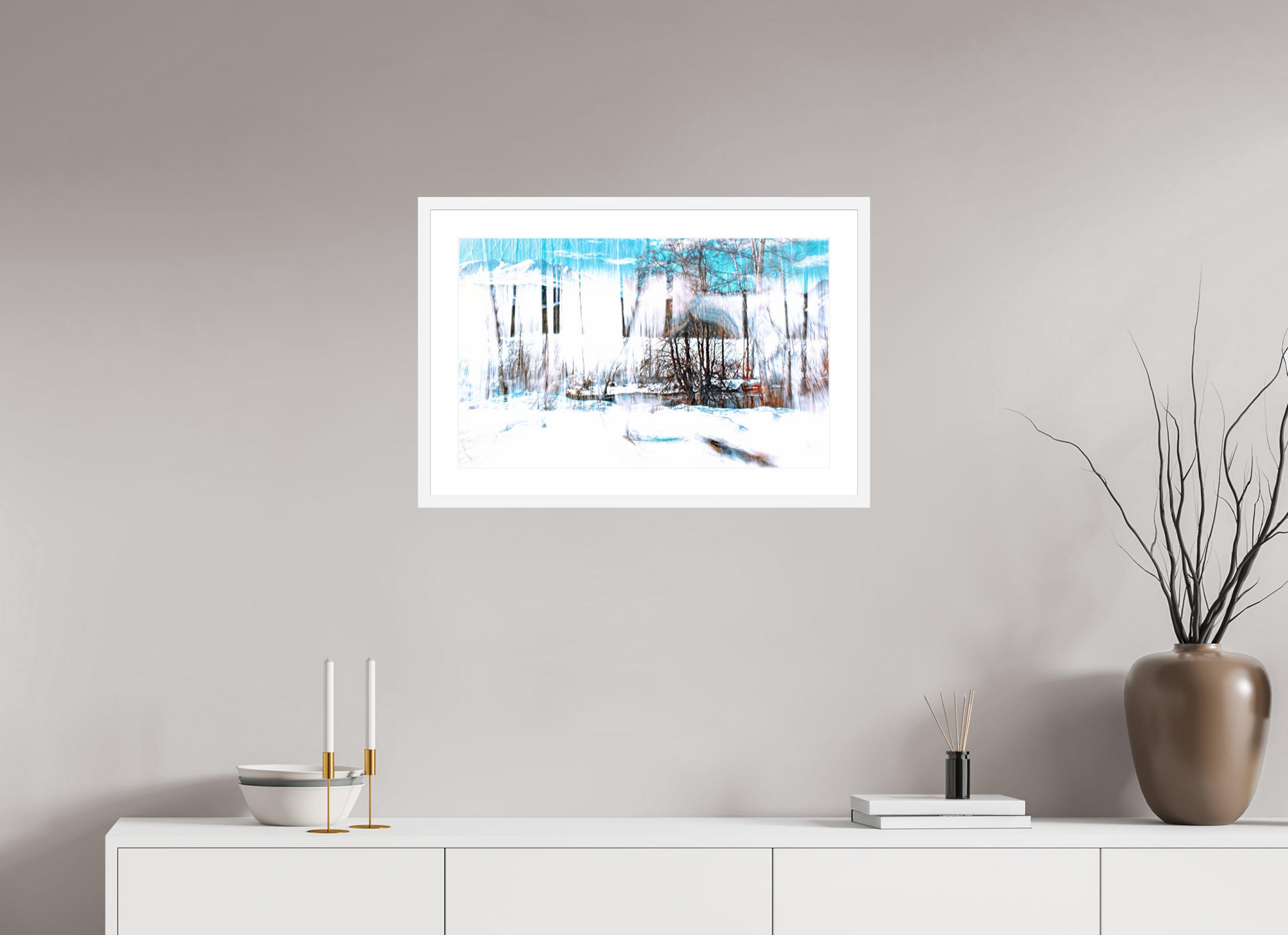 64 x 40 cm, 6 White Frame: White Mat The Forest Singing of Snow