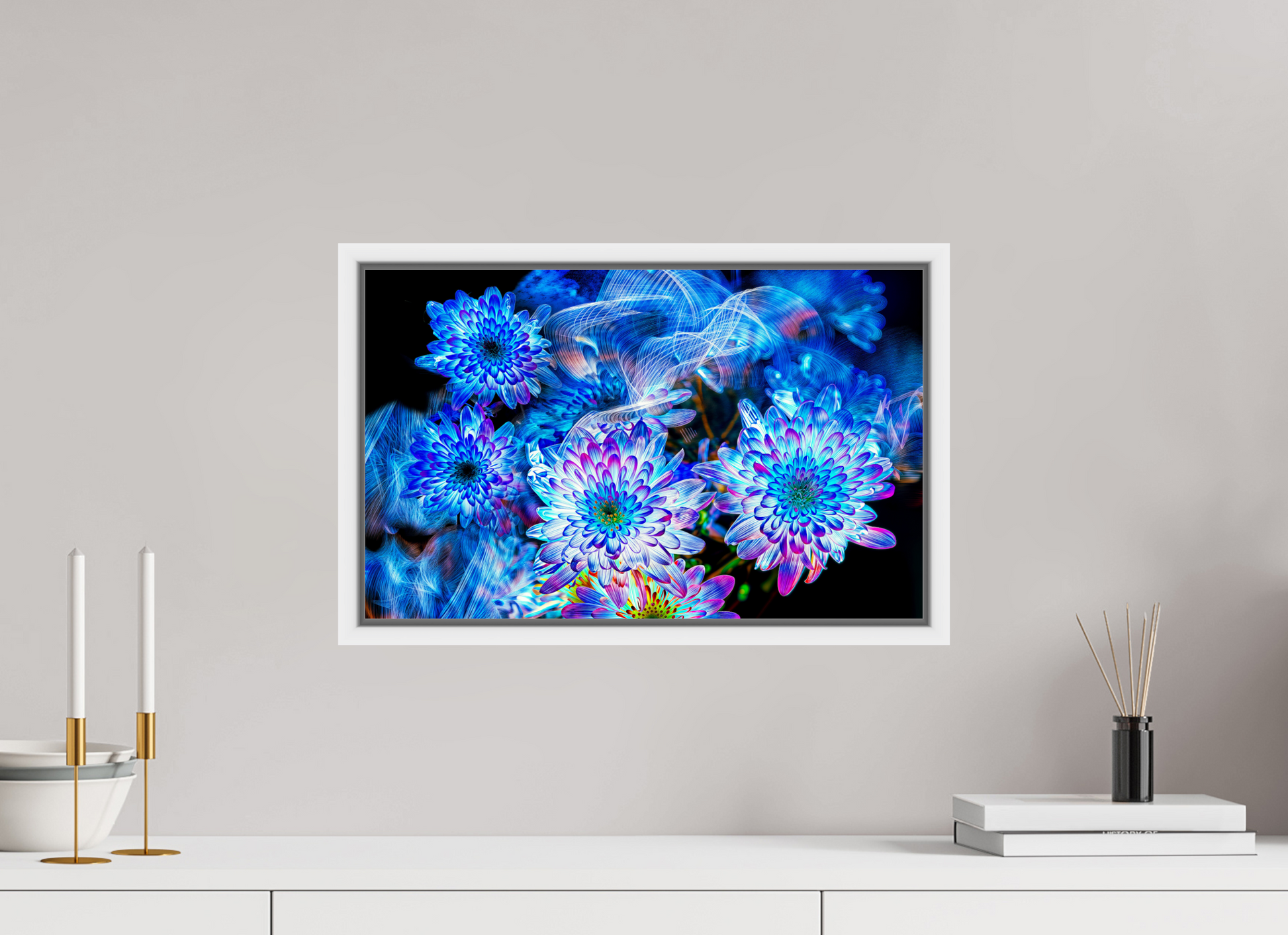 48 x 30 cm, 9 White American Box Blooms in the Celestial Current