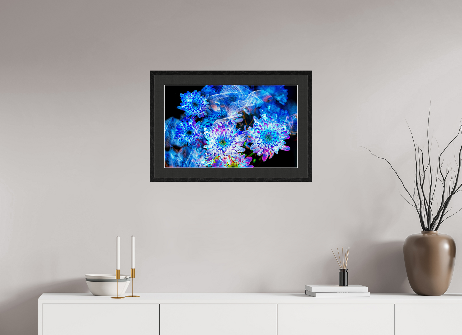 64 x 40 cm, 5 Black Frame: Black Mat with White Border Blooms in the Celestial Current