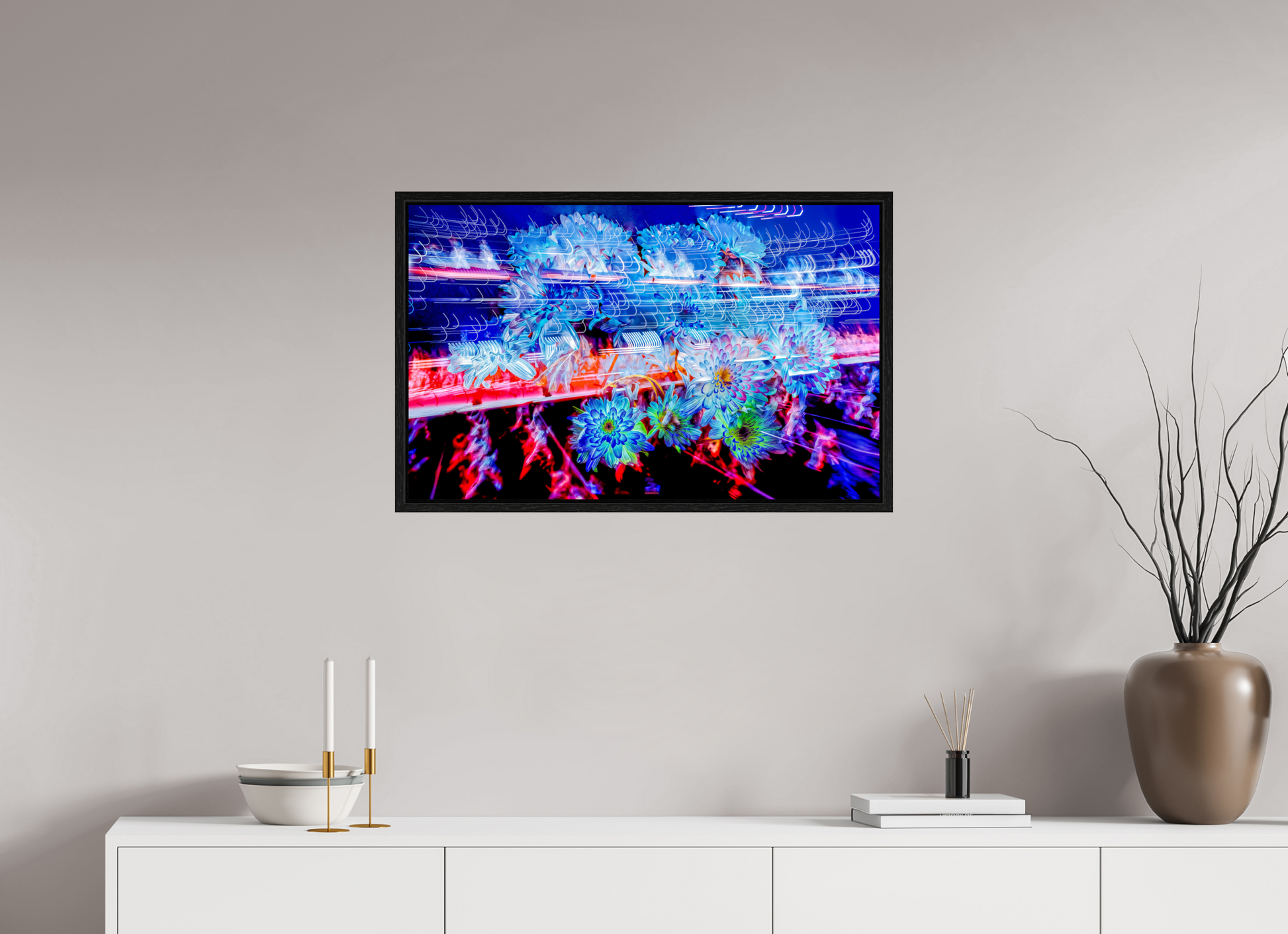 80 x 50 cm, 8 Black American Box Blooms in the currents of soft matter