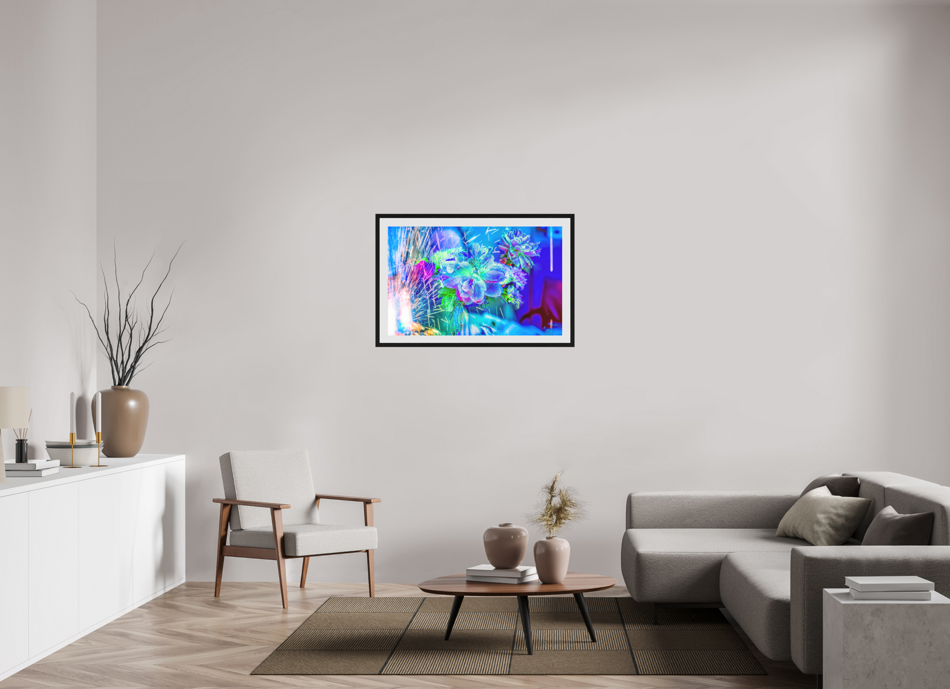 96 x 60 cm, 10 Cadre Noir Flottant Quand la lumière se brise en fleurs