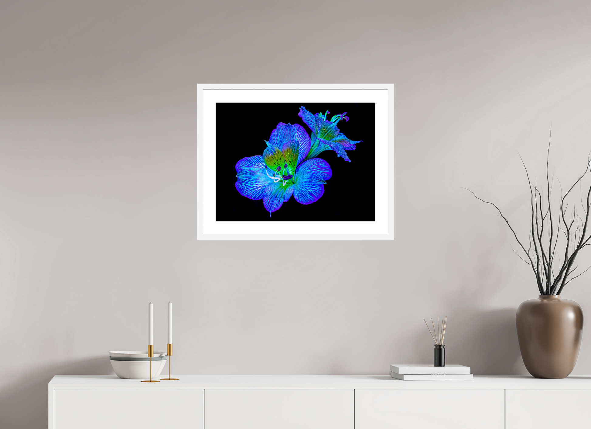 60 x 45 cm, 6 White Frame: White Mat Alstroemeria of Hidden Glows