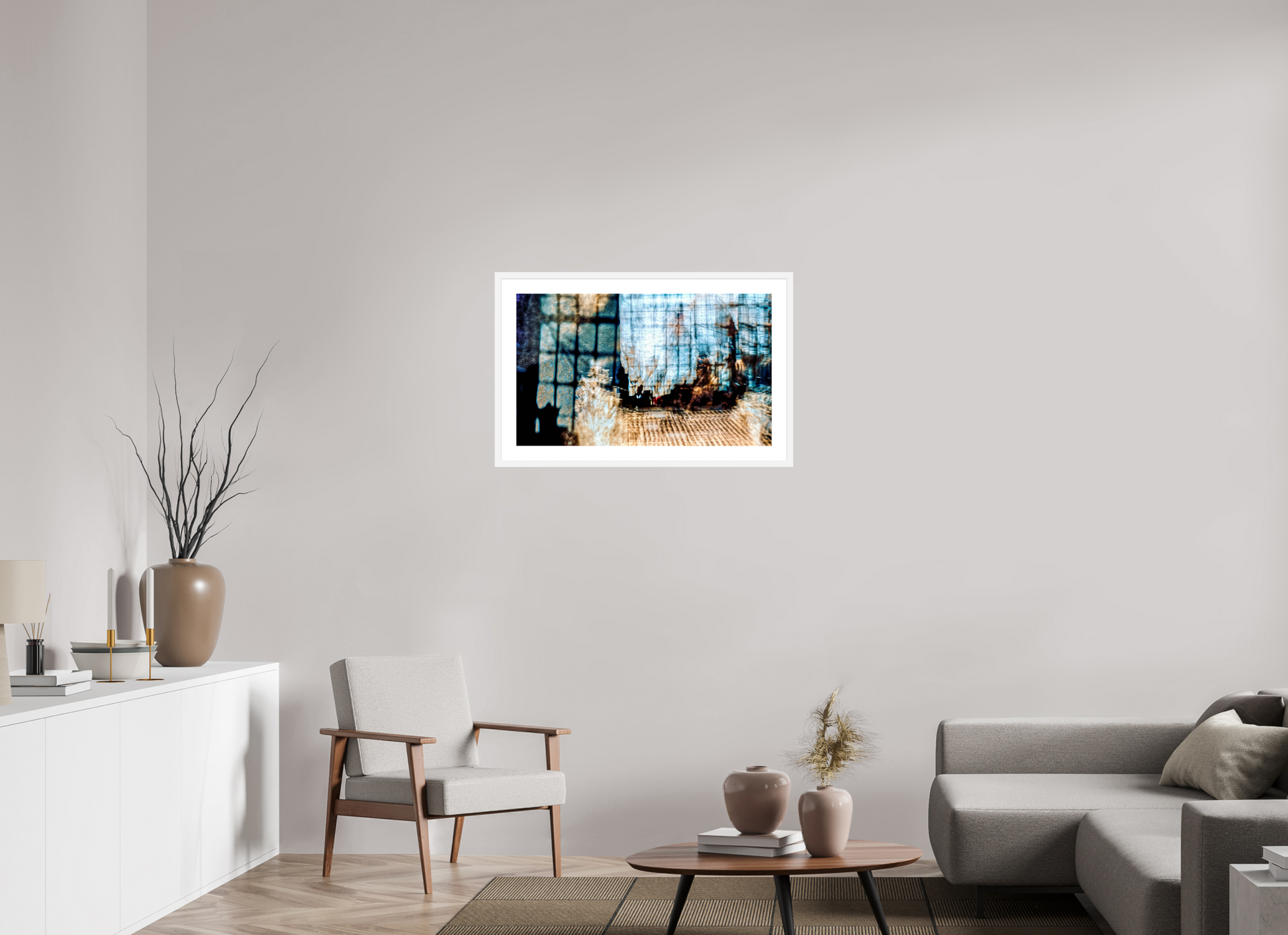 83.4 x 50 cm, 6 White Frame: White Mat Reflection of a World in Suspension