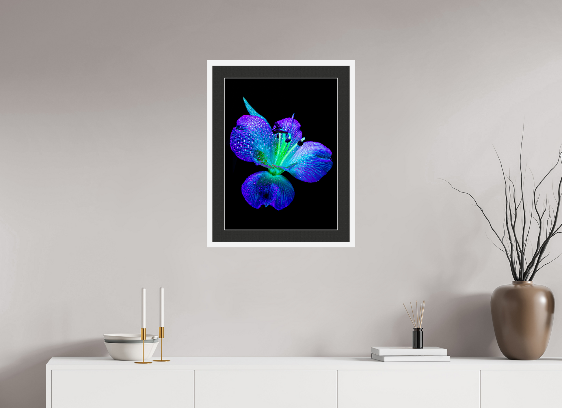 45 x 60 cm, 7 White Frame: Black Mat with White Border The sparkle of wings in the dew