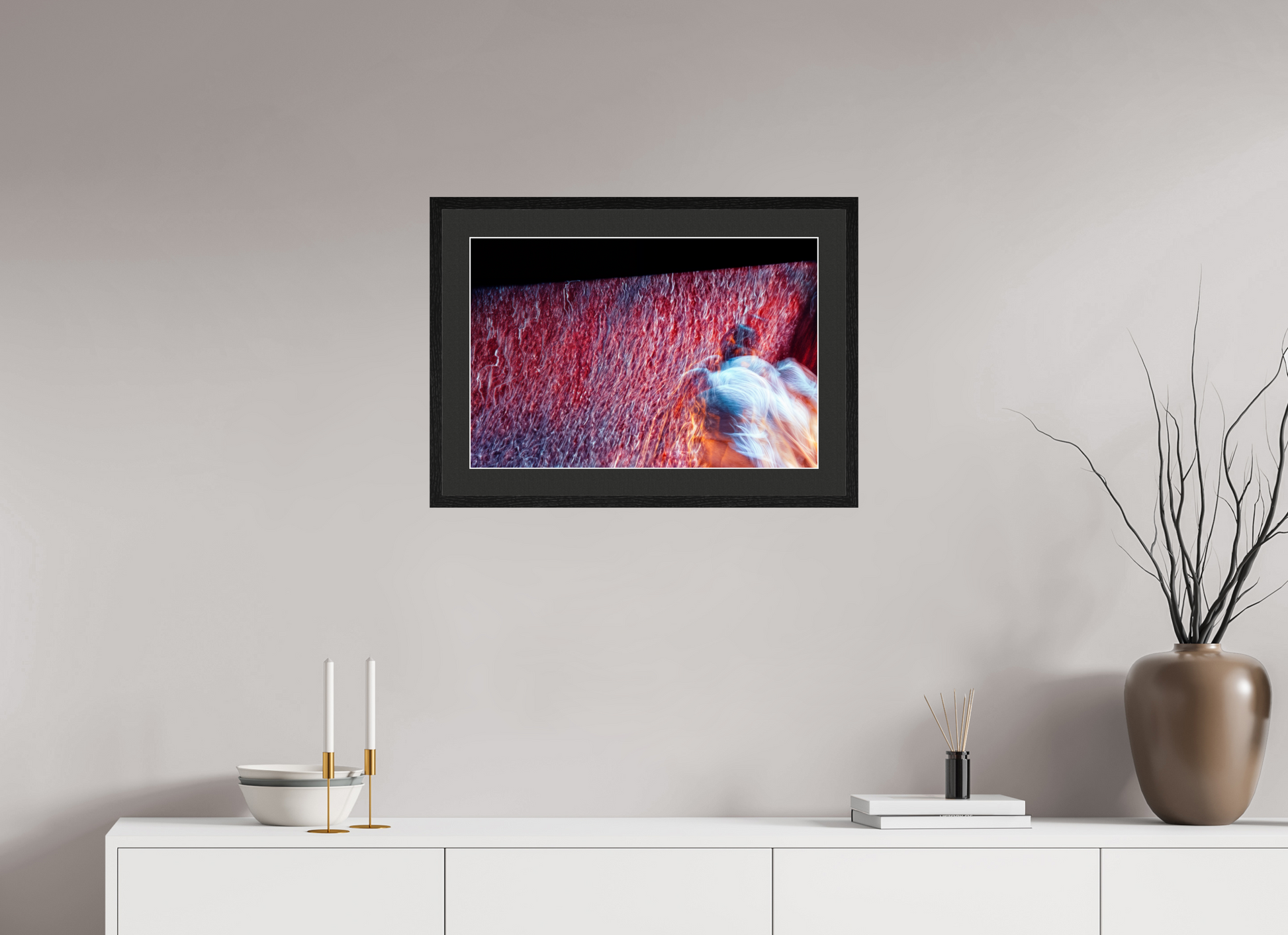 60 x 40 cm, 5 Black Frame: Black Mat with White Border Where fire turns into rain