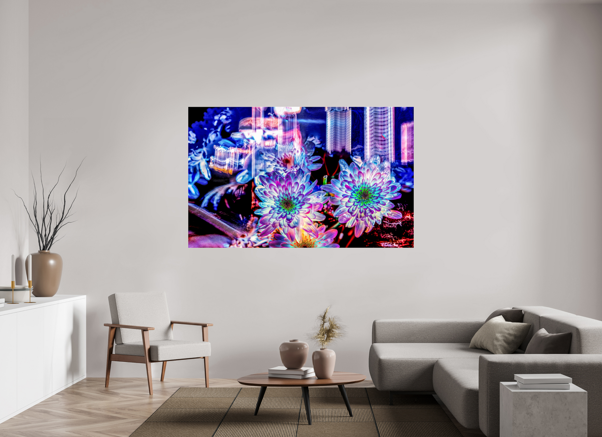 192 x 120 cm, 3 Tirage photo sous Verre acrylique Murmure floral suspendu entre deux éclairs