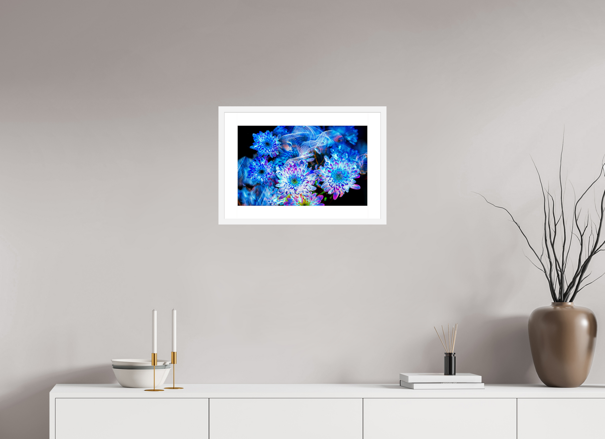 48 x 30 cm, 6 White Frame: White Mat Blooms in the Celestial Current