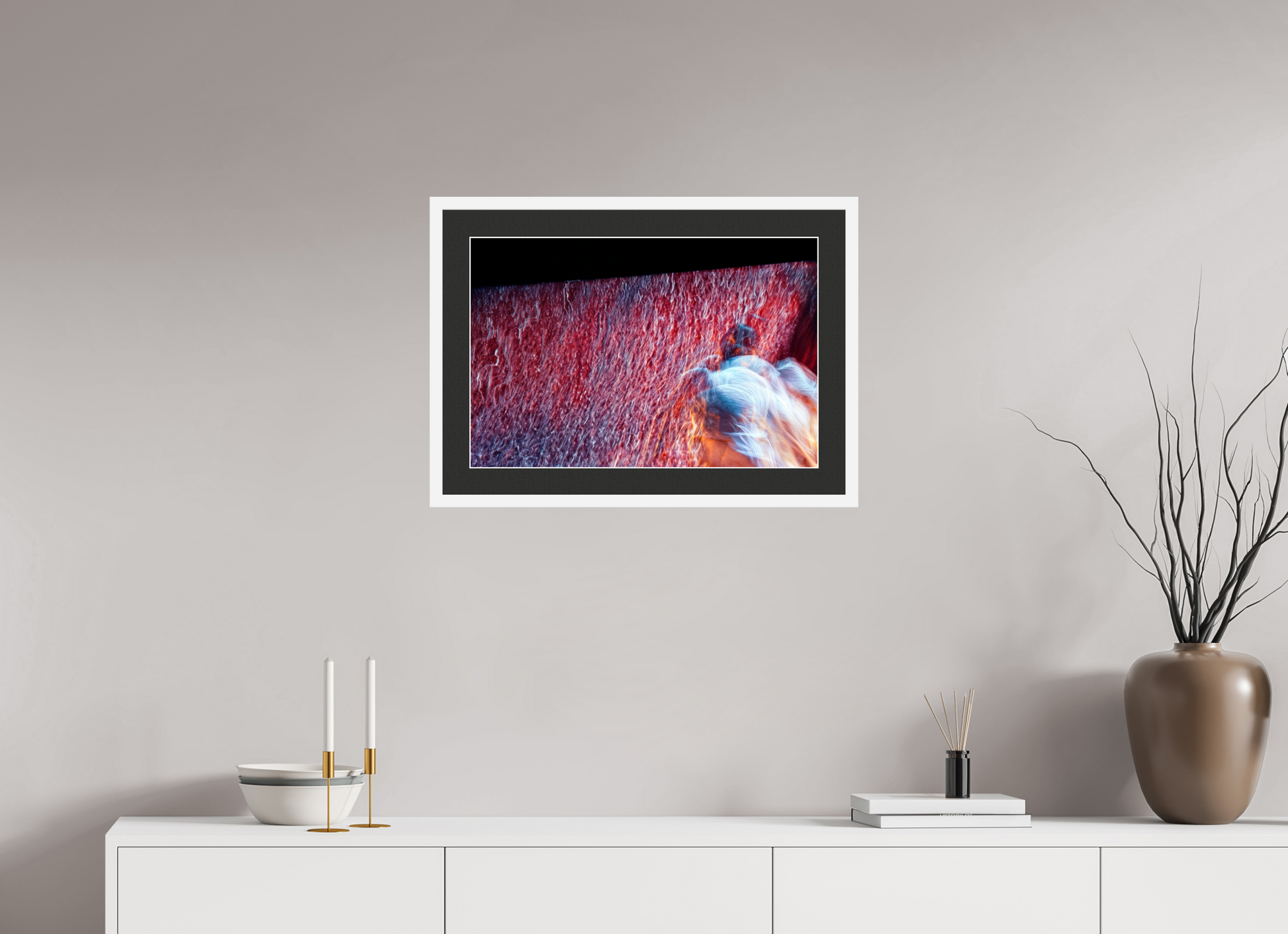 60 x 40 cm, 7 White Frame: Black Mat with White Border Where fire turns into rain