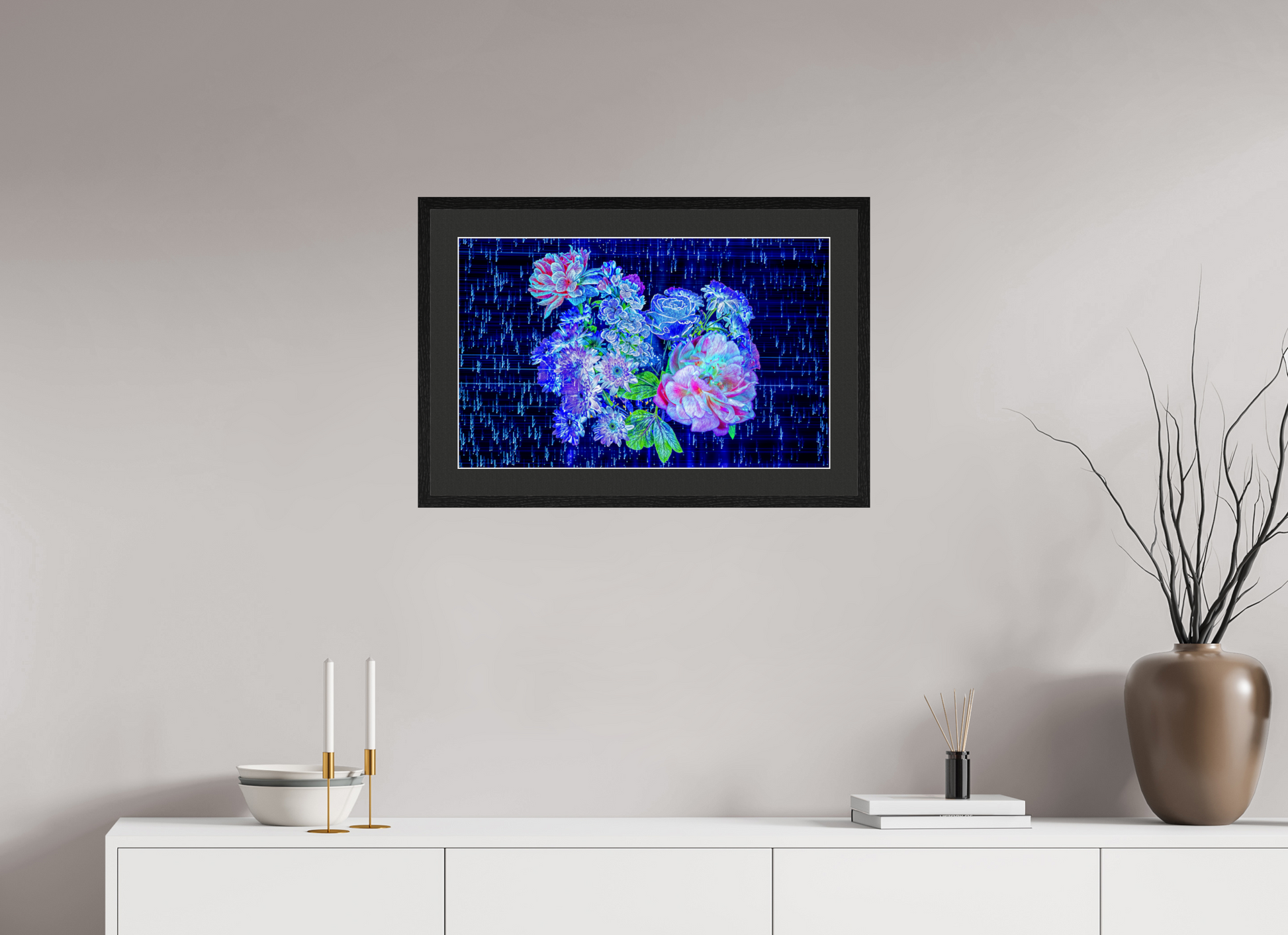 64 x 40 cm, 5 Black Frame: Black Mat with White Border Blooms at the heart of the stellar code
