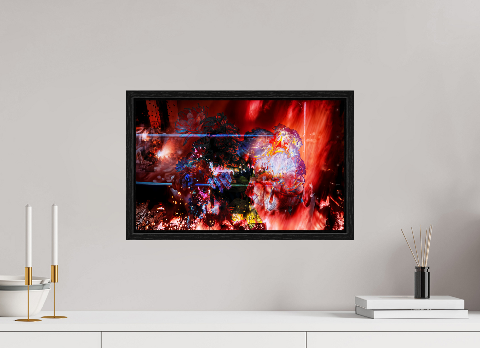 48 x 30 cm, 8 Caisse américaine Noire L’étreinte des pétales ardents