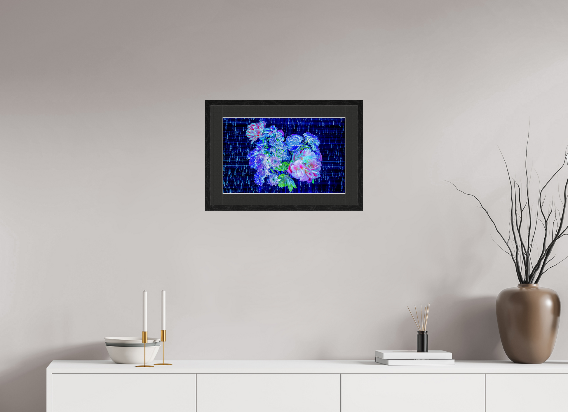 48 x 30 cm, 5 Black Frame: Black Mat with White Border Blooms at the heart of the stellar code