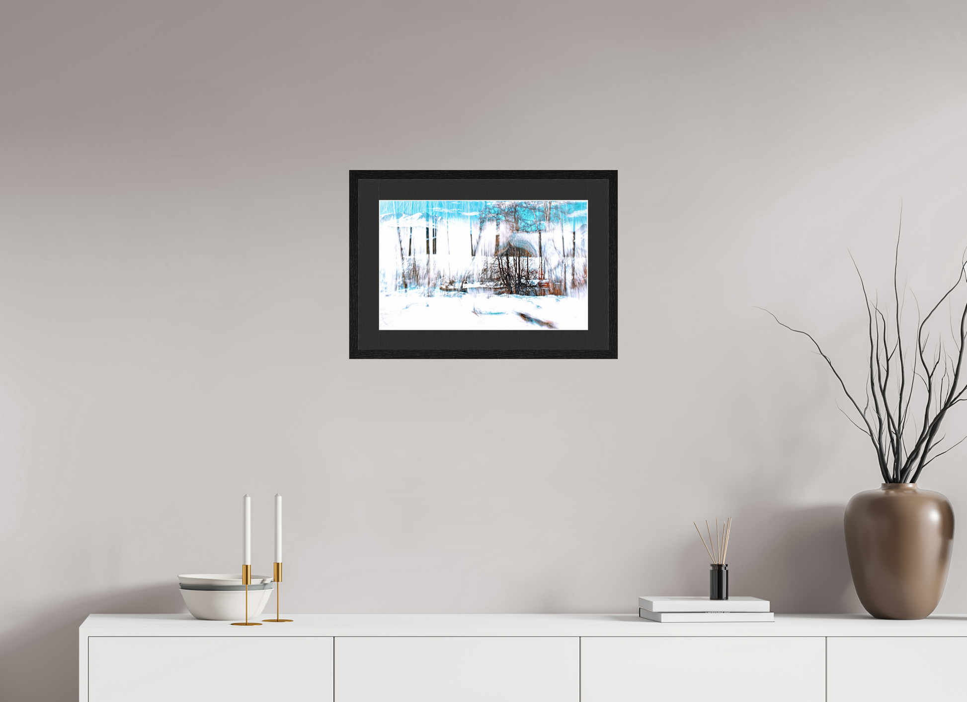 48 x 30 cm, 5 Black Frame: Black Mat with White Border LA Forest Singing Snow