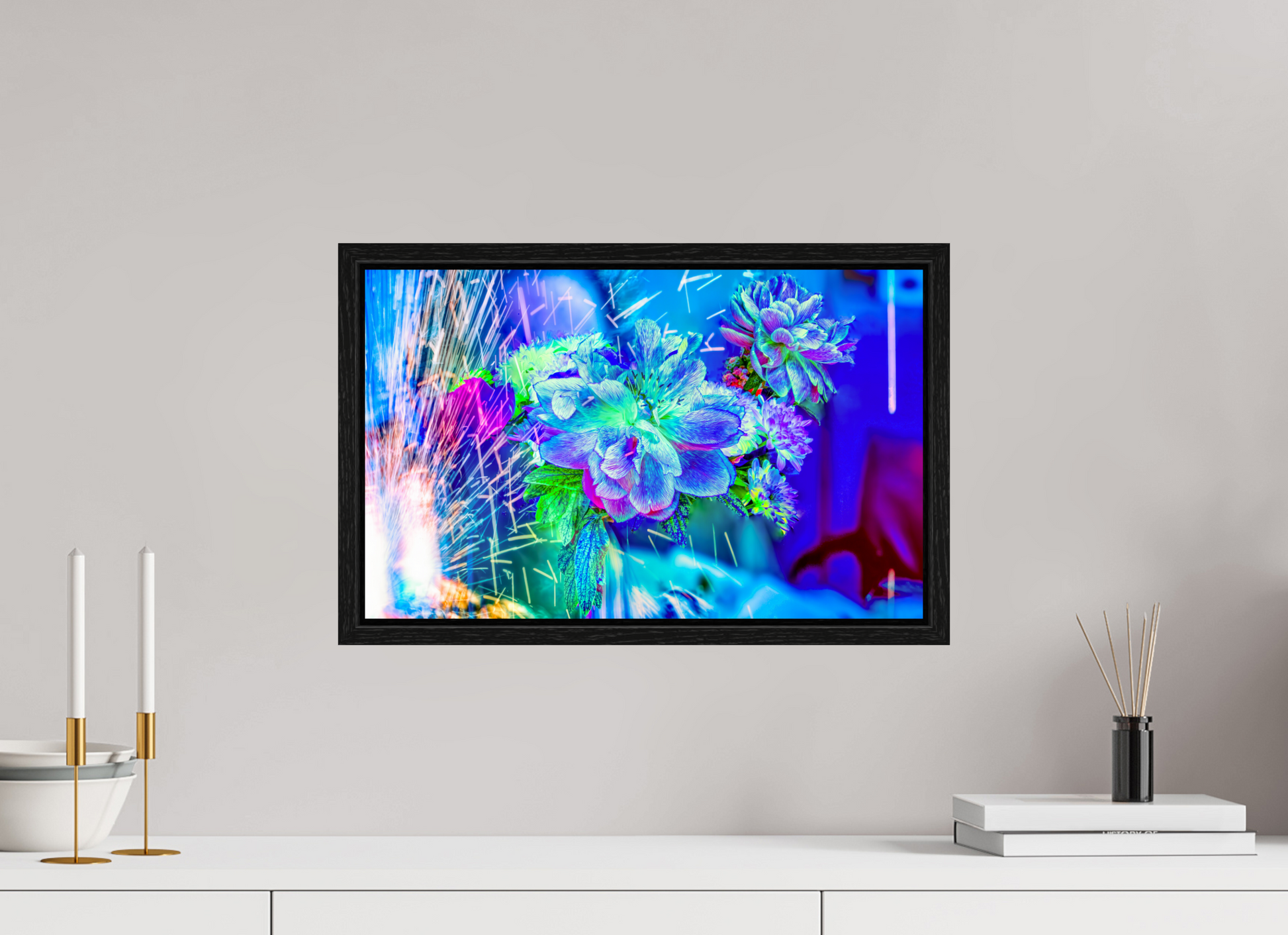 48 x 30 cm, 8 Caisse américaine Noire Quand la lumière se brise en fleurs