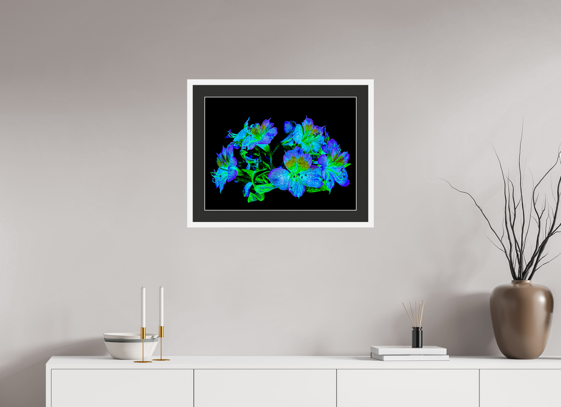 60 x 45 cm, 7 Cadre Blanc : Passe-Partout Noir lisière Blanche Constellation Florale
