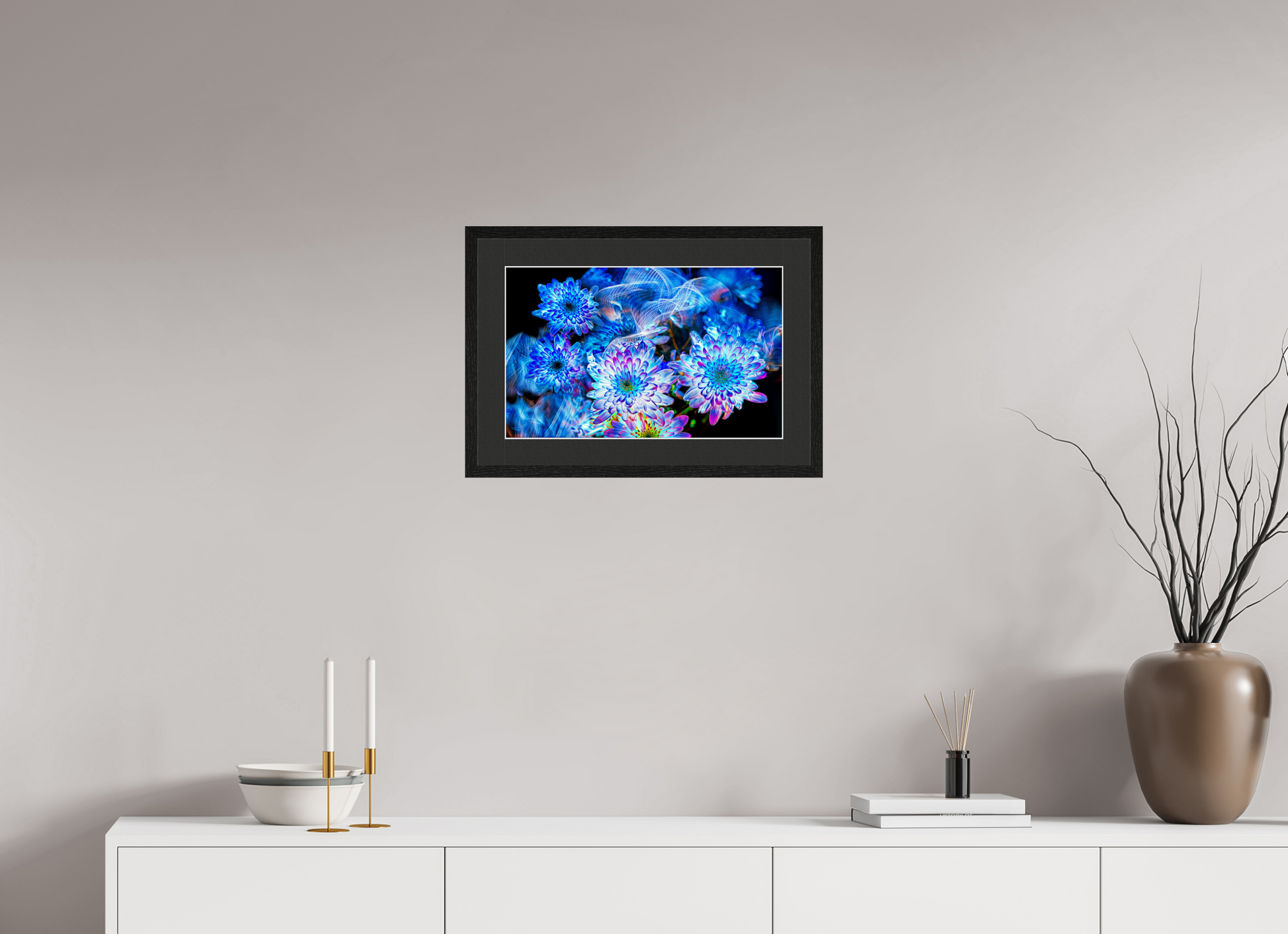 48 x 30 cm, 5 Black Frame: Black Mat with White Border Blooms in the Celestial Current
